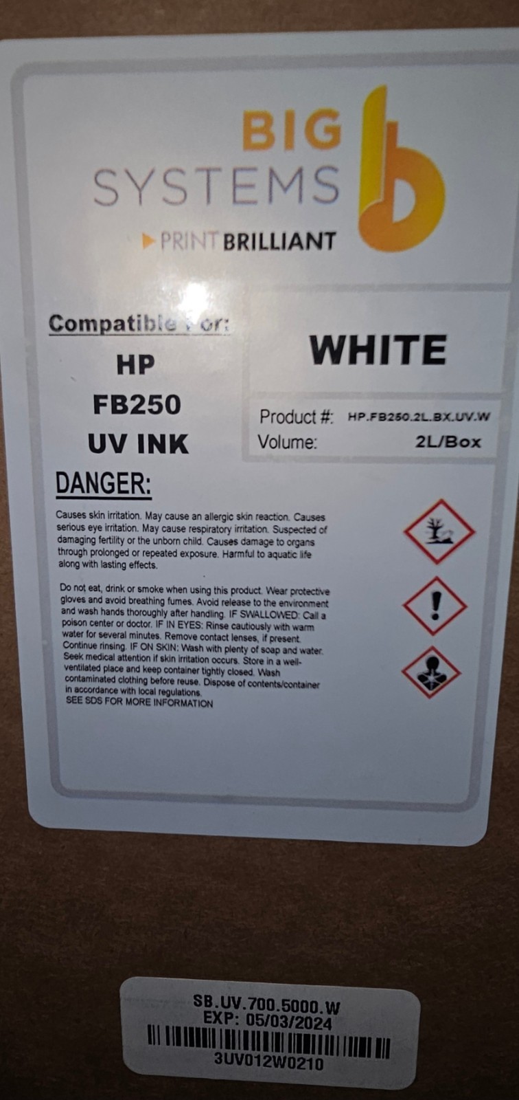 HP  Scitex FB250 UV ink White 2 liter exp 05/2024