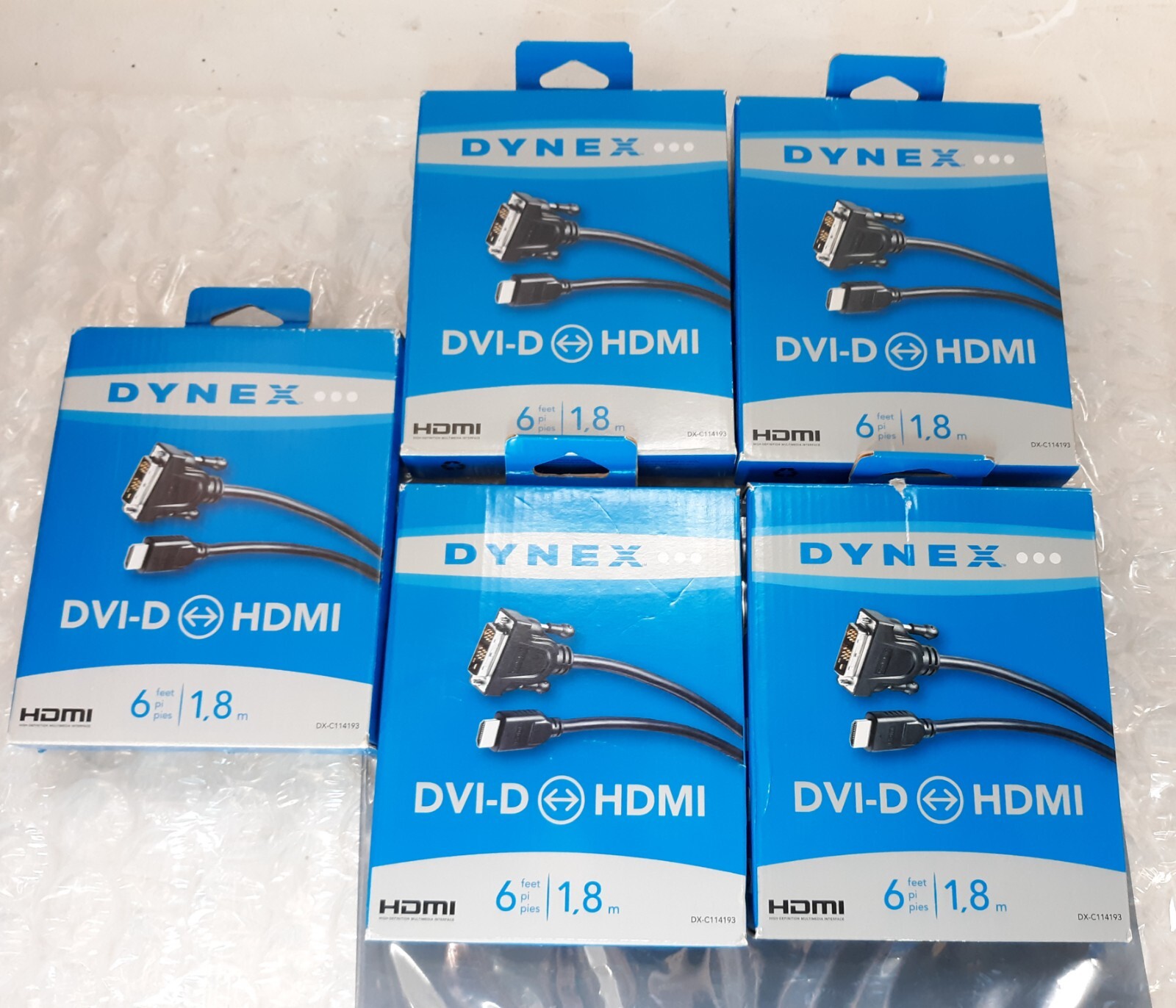 Lot of 5 Dynex DVI-D to HDMI 6Ft. 1.8M Digital Video Cables DX-C14193 *NEW*