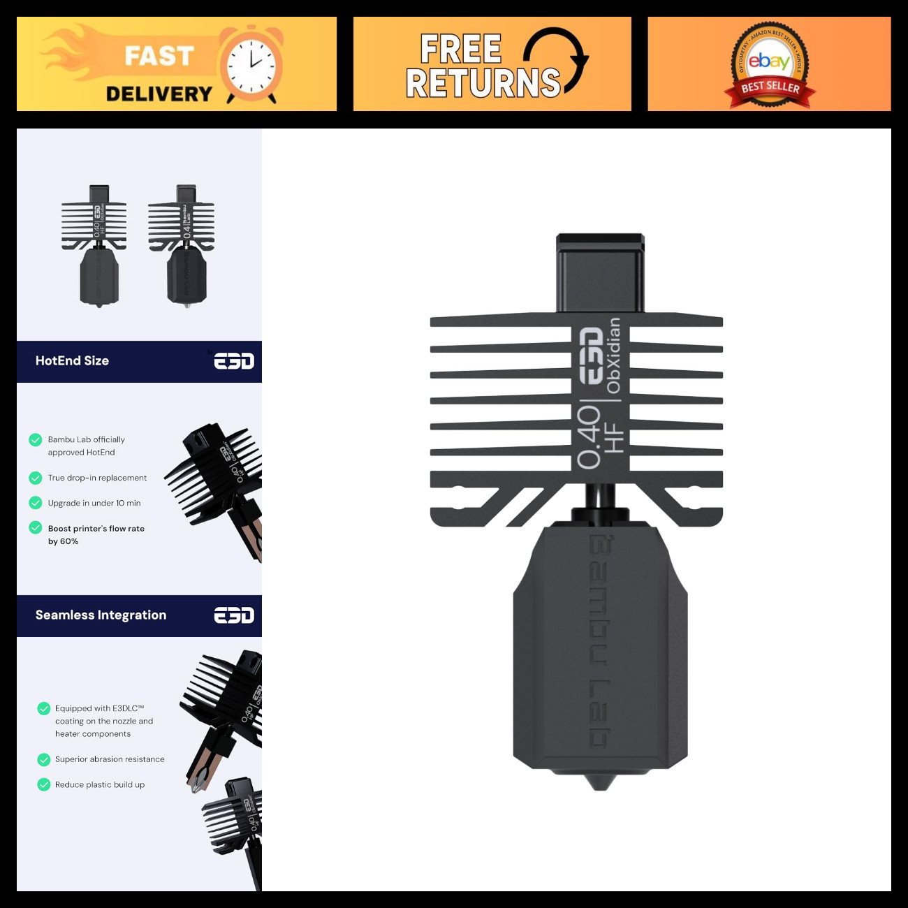 High Flow 0.4mm HotEnd for Bambu Lab P1P/P1S & X1 Carbon, 60% Flow Boost, Smooth