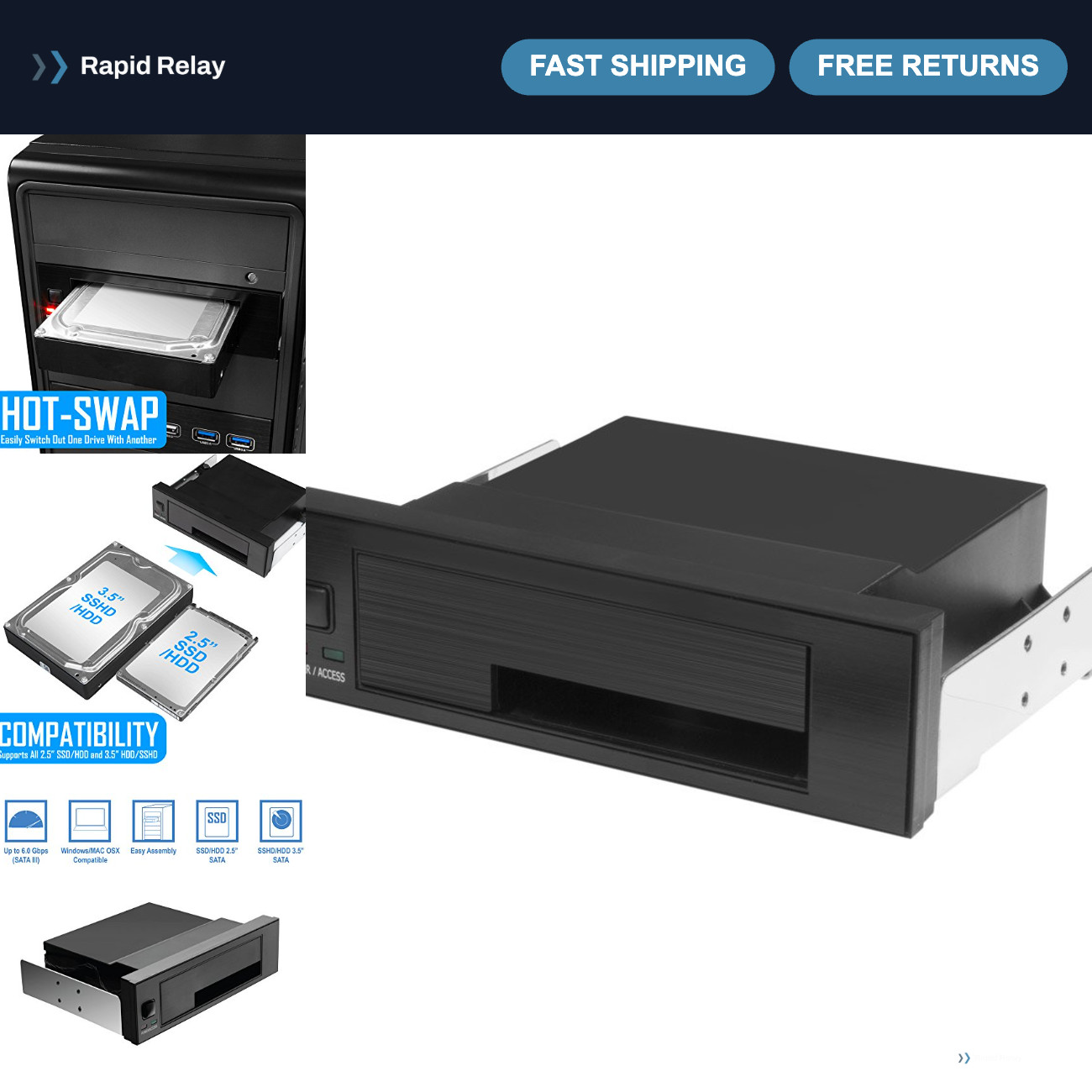 Universal Hot Swap Mobile Rack for 2.5”/3.5” SSD/HDD, Tray-Less SATA Enclosure,