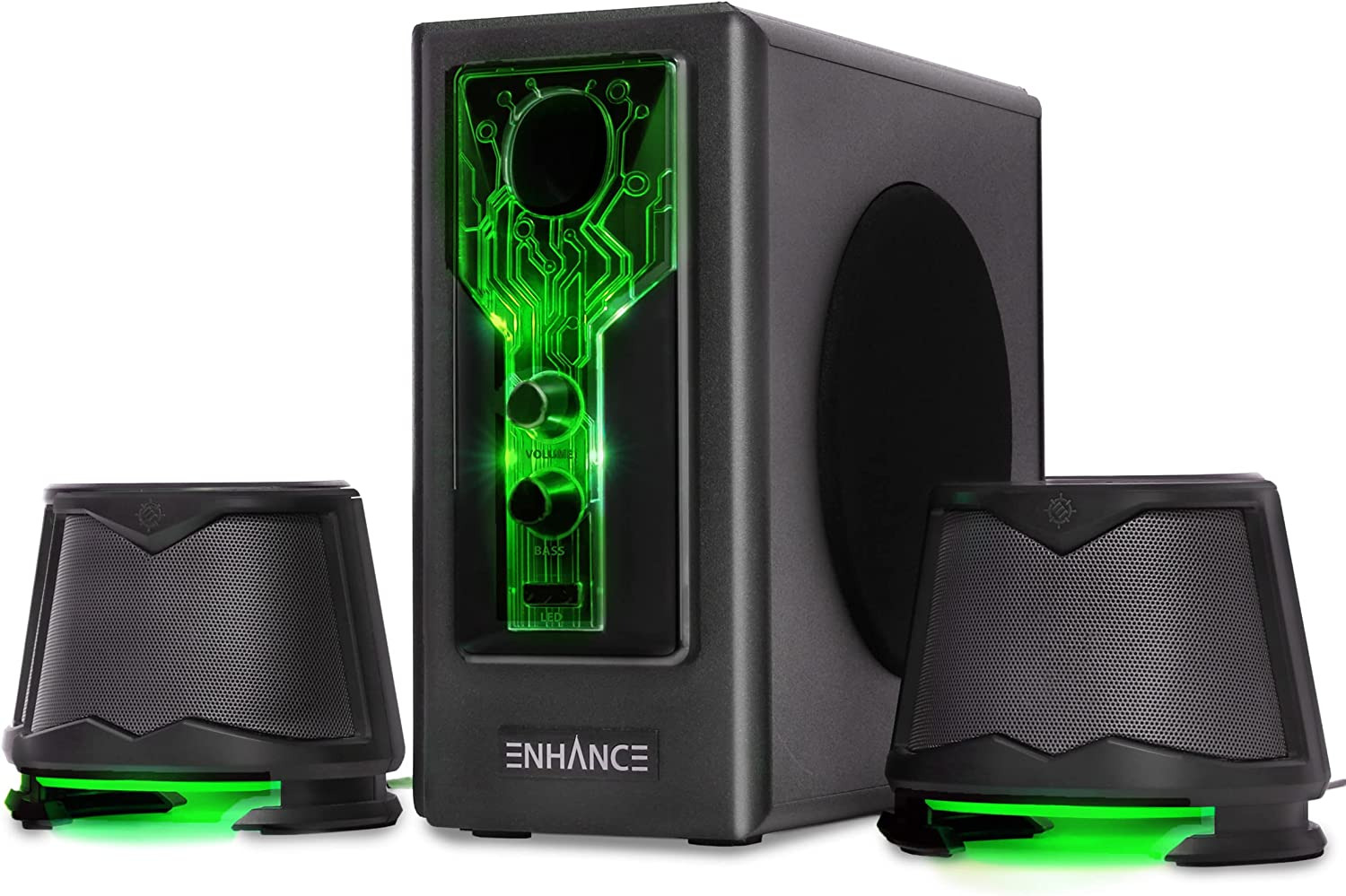 SB 2.1 Computer Speakers with Subwoofer - Green LED Gaming Speakers, High Excurs