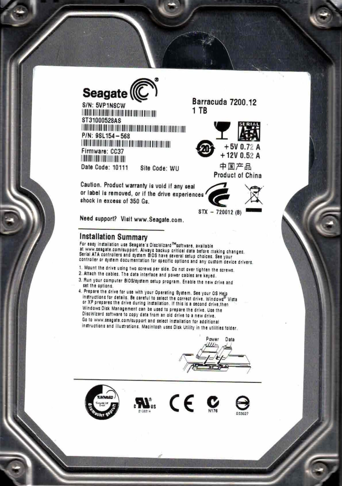 ST31000528AS,  9SL154-568, CC37  WU  5VP1 SEAGATE 1TB 10111