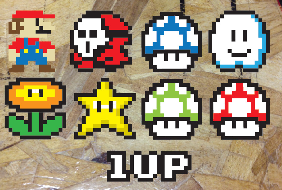 Super Mario 8bit Power Up Color Vinyl Sticker Decal Set of 9 stickers 8 bit