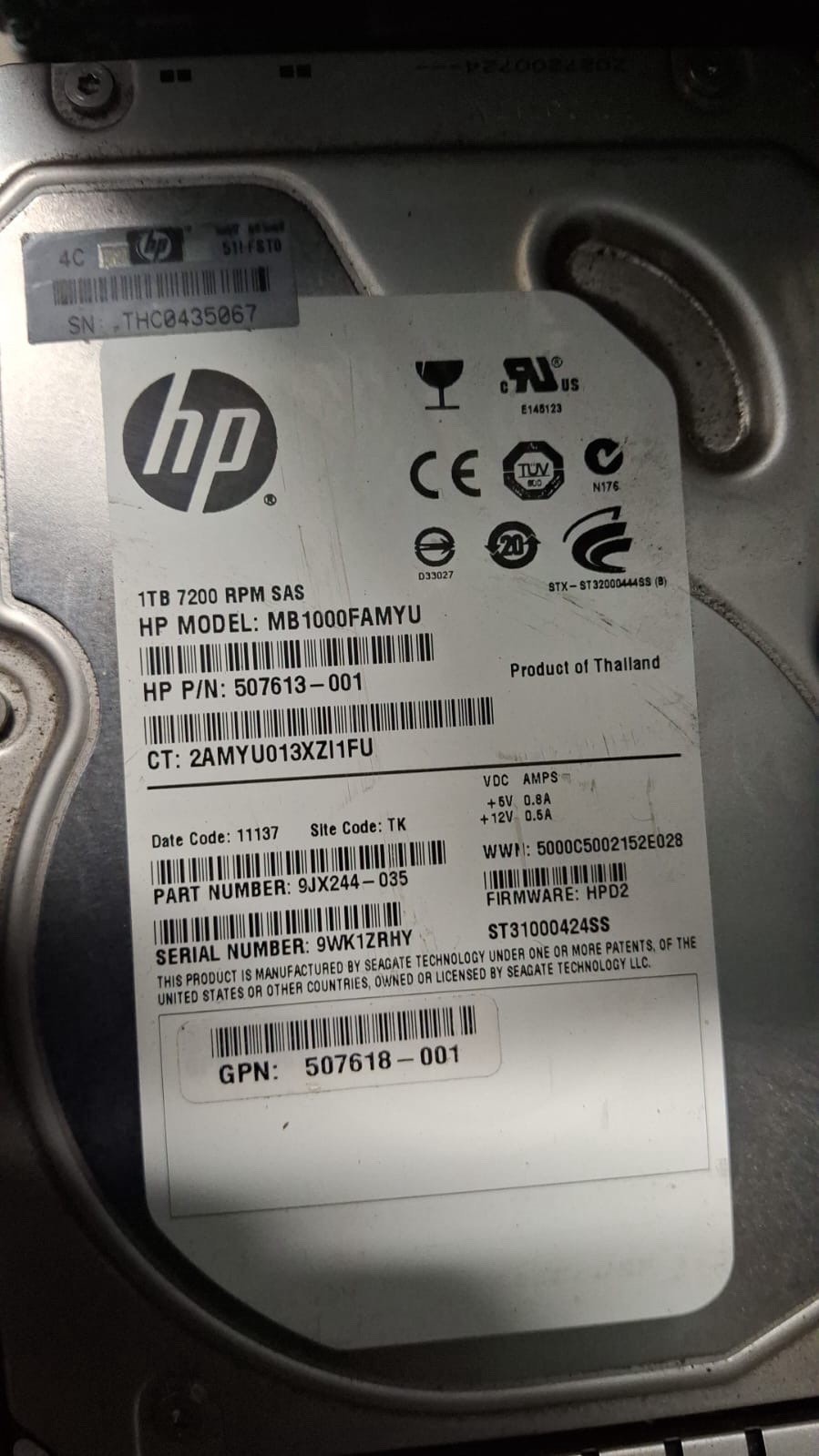 HP 649327-001 507618-001 MB1000FBZPL 1TB 7.2K RPM 16MB 6Gbps 512 SAS 3.5" HDD