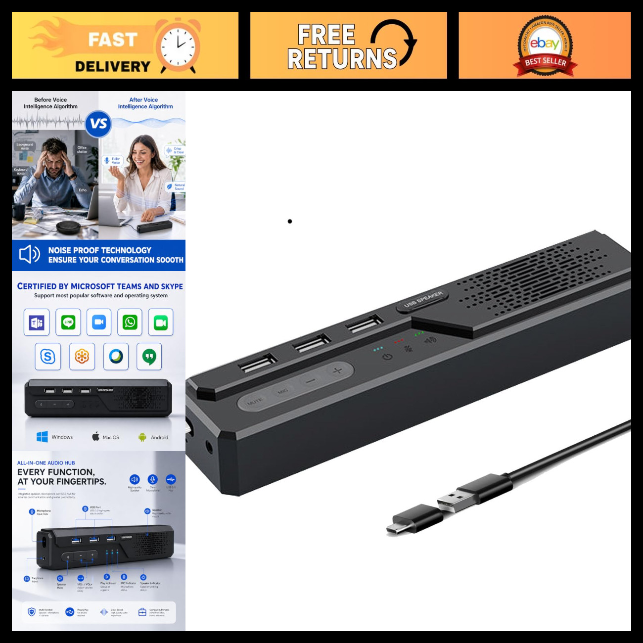 3-in-1 USB Computer Speaker & Microphone for PC, Laptop, Desktop, Home Office, 3