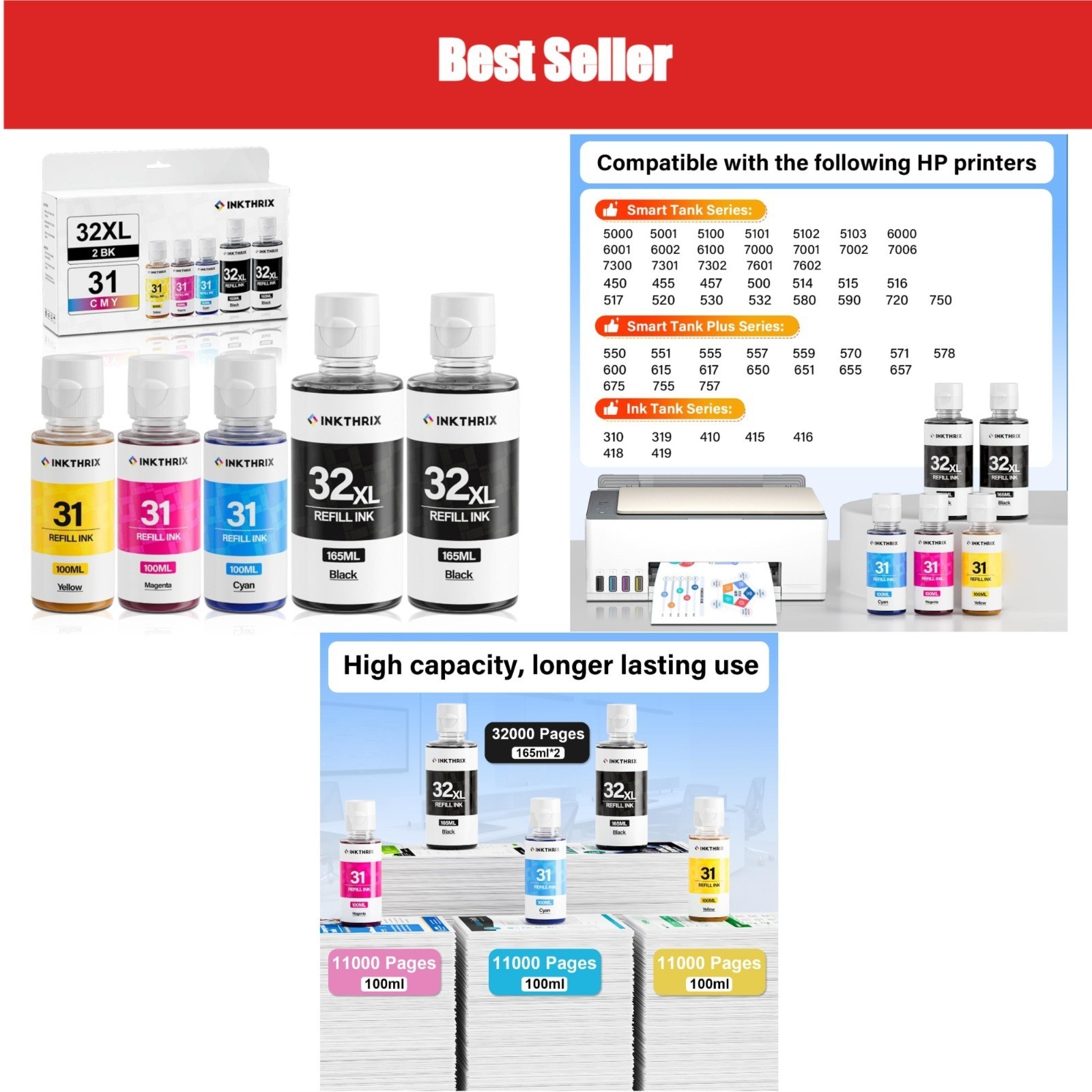 31 32XL Ink Refill Bottles for HP Smart Tank Printers 5 Pack