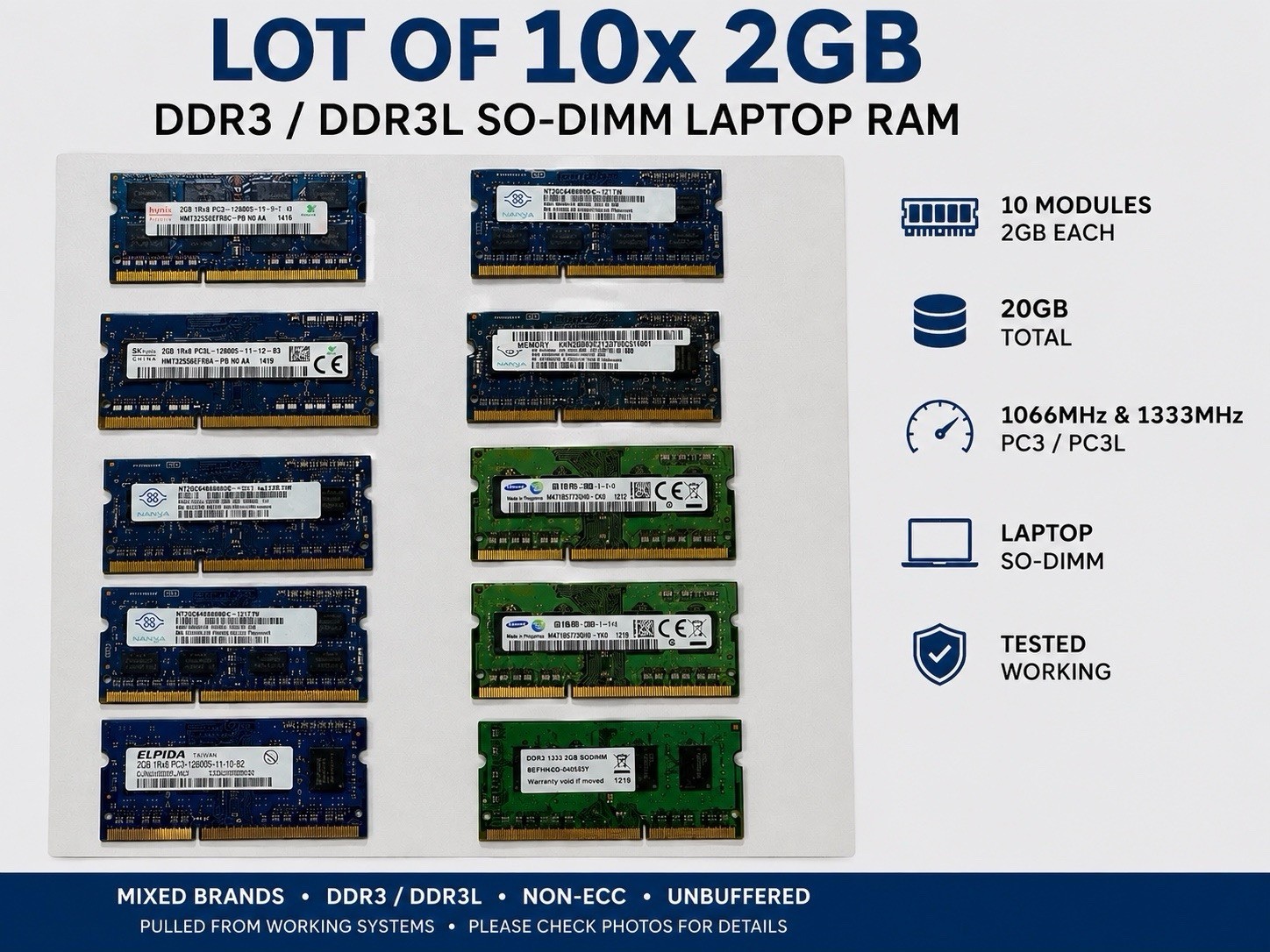 Lot of 10x 2GB DDR3 DDR3L SO-DIMM Laptop RAM 20GB Mixed Brands