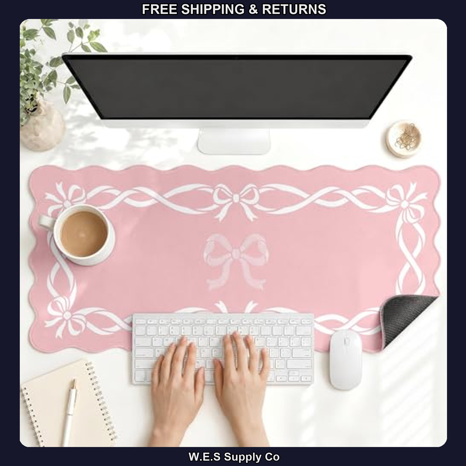 Scalloped Gaming Mouse Pad Desk Mat, Cute Bow, 35.4"x15.7"