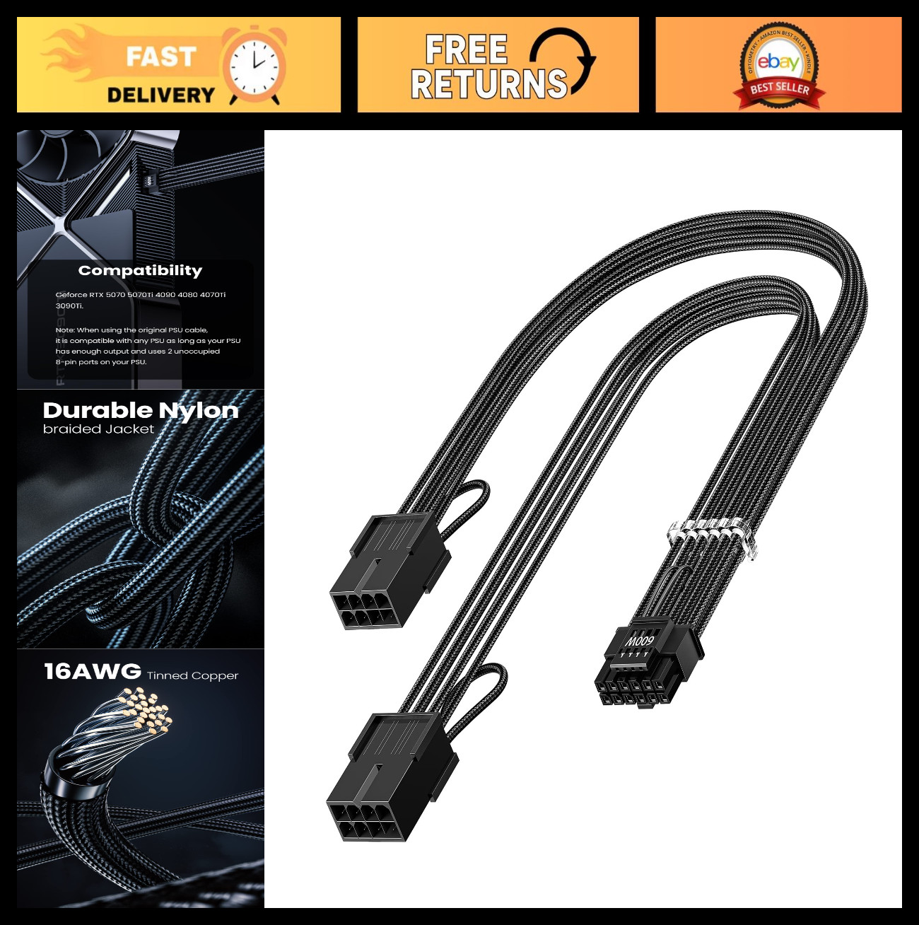 16 Pin GPU Cable Adapter Extension - High-Performance Black Power Connector