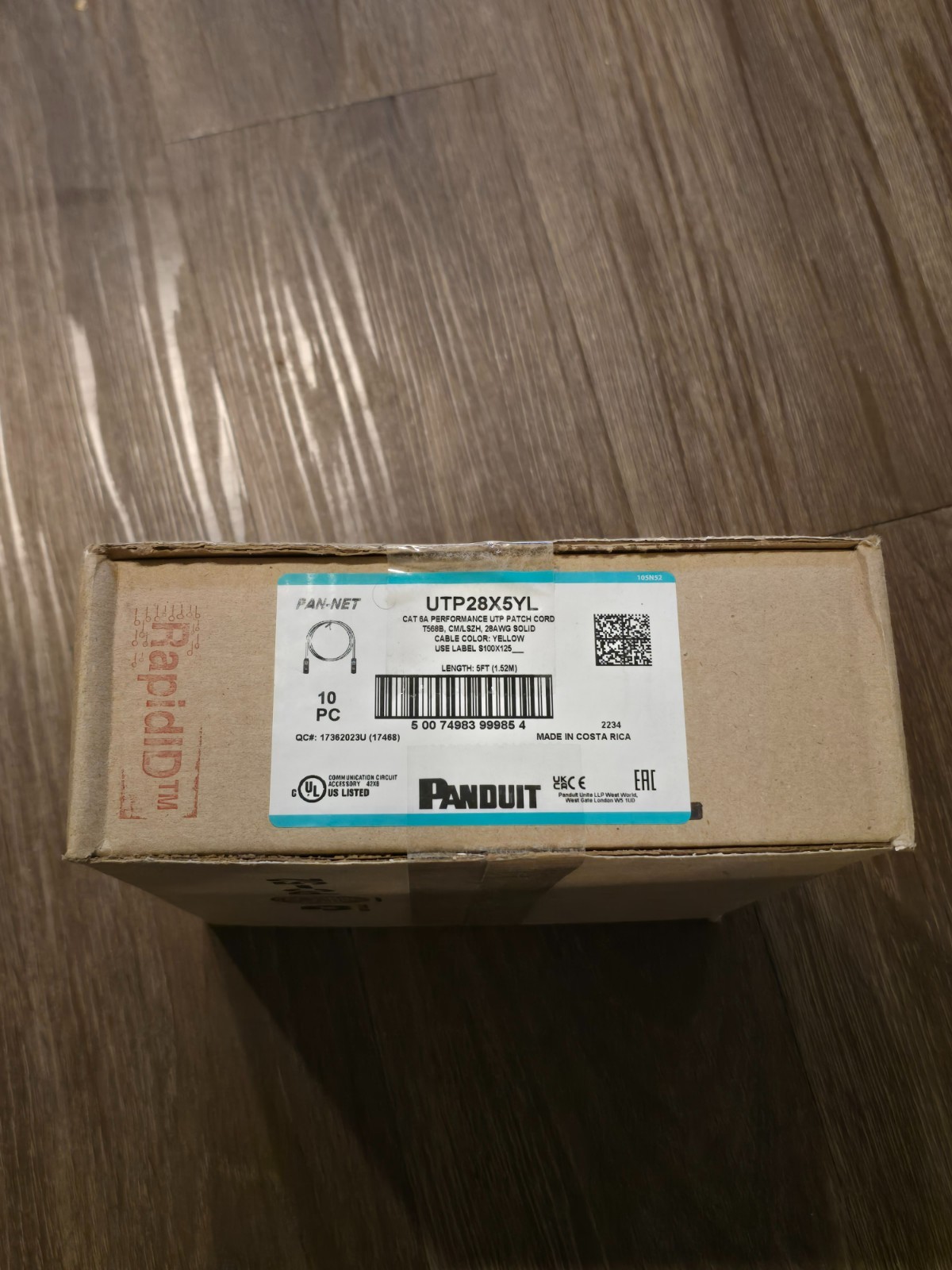 5 ft Panduit UTP28X5YL 28 AWG Copper Cat 6A U/UTP Patch Cord Yellow