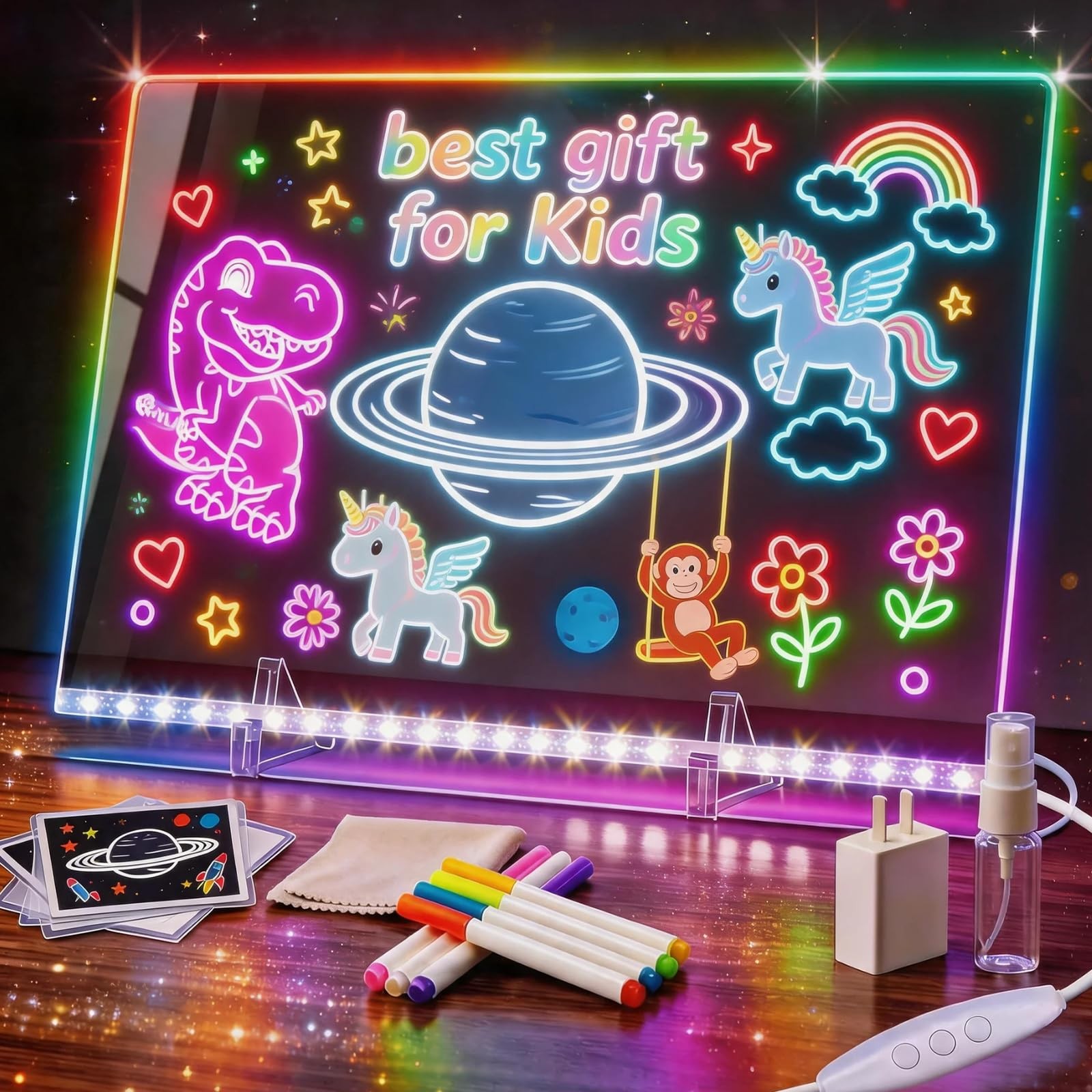 UZYZMS LED Drawing Board 20" Doodle Pad with 12 Markers Stand 4 Modes 7 RGB