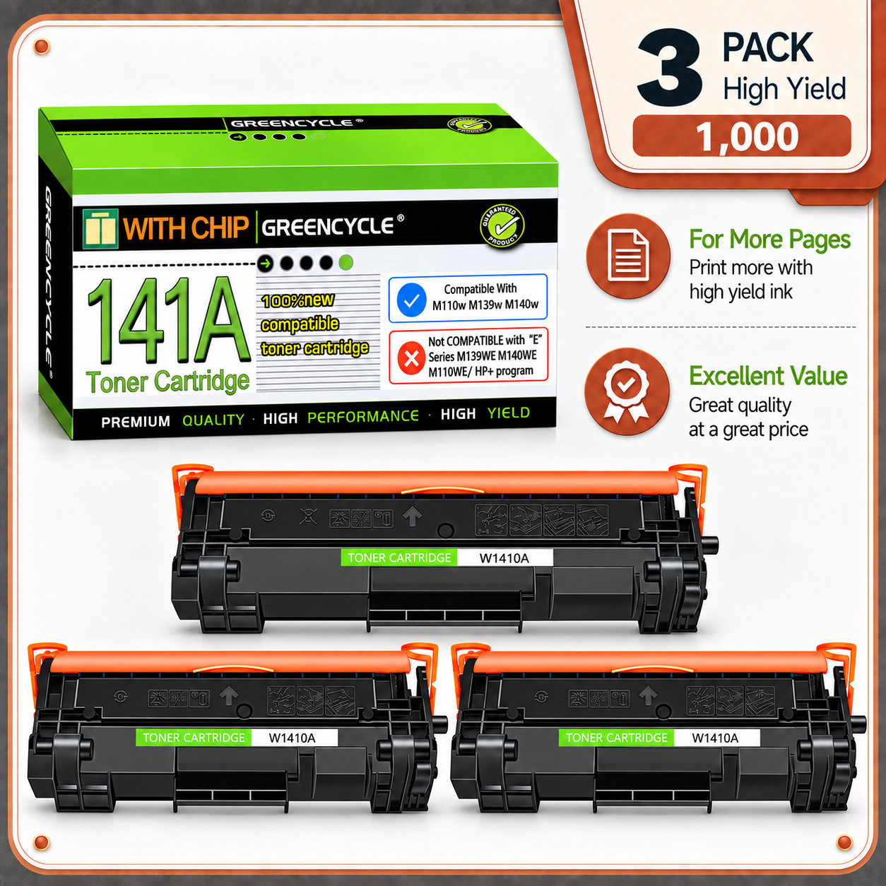 3PK greencycle New Chip 141A W1410A Toner Cartridge for HP M110w MFP M139w M140w