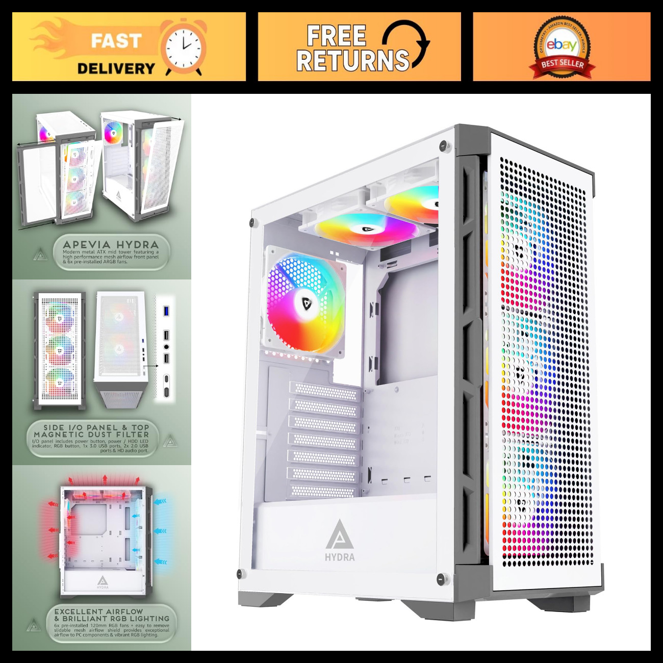 Mid Tower Gaming PC Case - 6x 120MM ARGB Fans, RGB Lighting, Tempered Glass