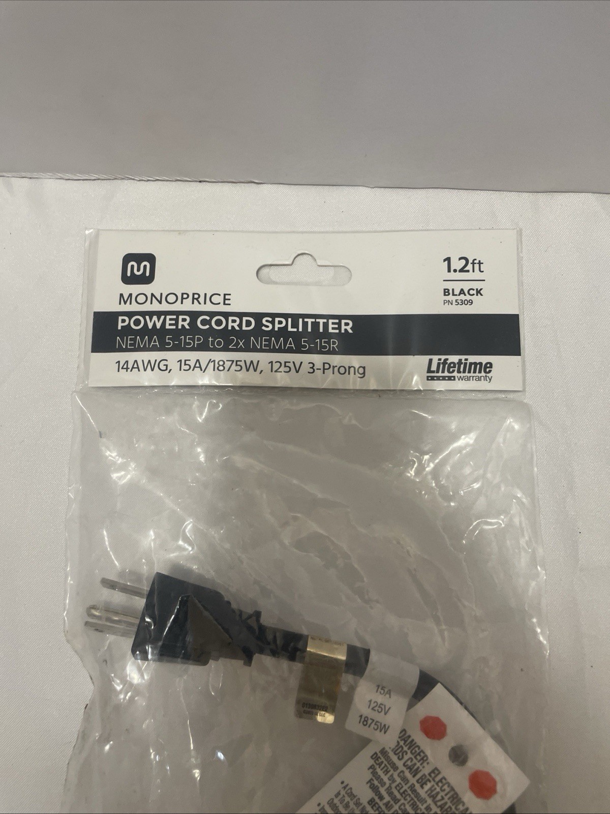 Monoprice Power Cord Splitter 1.2ft Black NEMA 5-15P to 2x 5-15R 14AWG