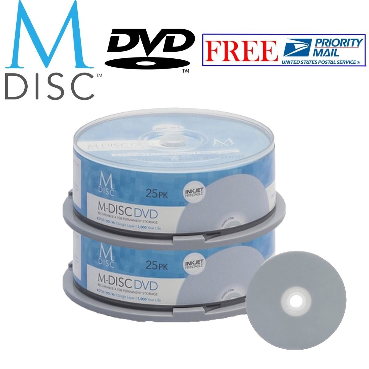 50 Pack Millenniata M-Disc DVD 4.7GB 4X White Inkjet Printable Recordable Disc