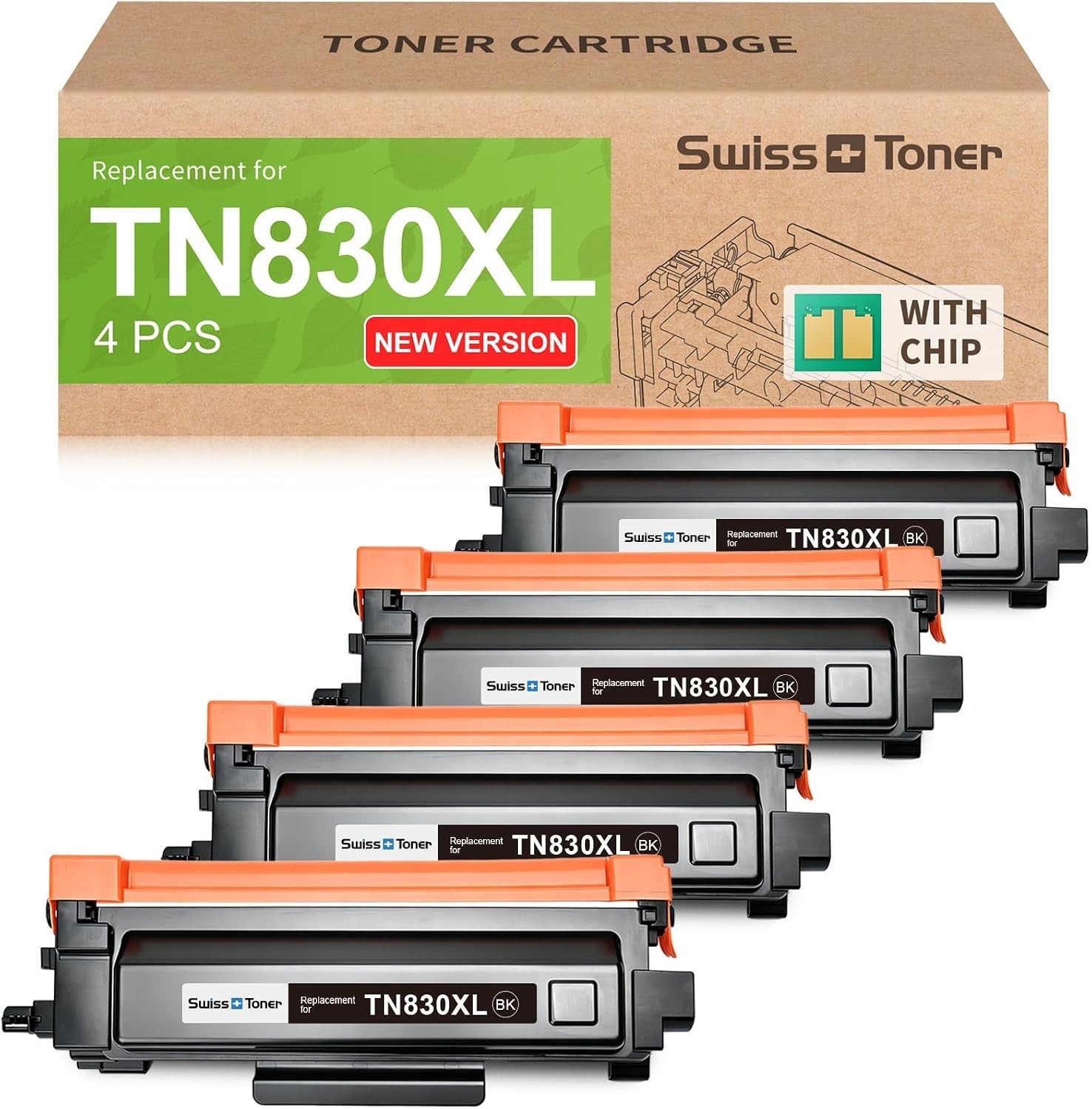 TN830XL Toner Cartridges 4-Pack Brother HL-L2460dw Black Chip Compatible BN