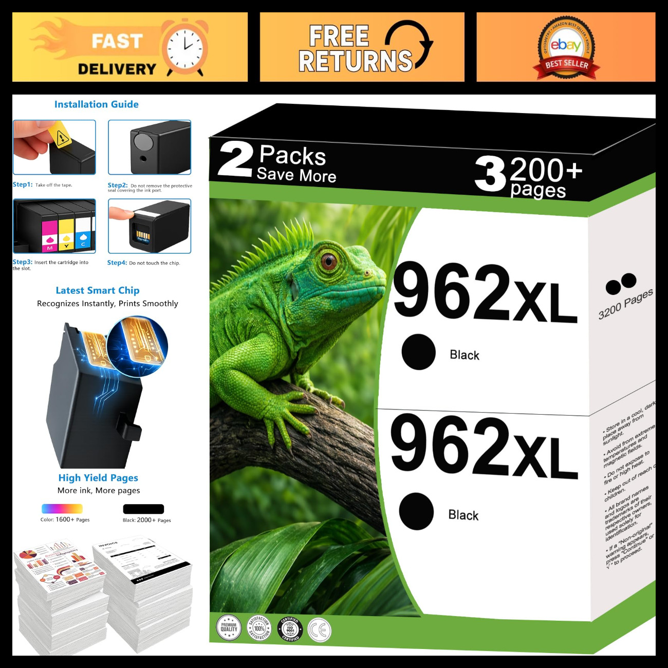 Black Ink Cartridges Combo Pack 962XL Replacement for HP Printers - 2 Pack