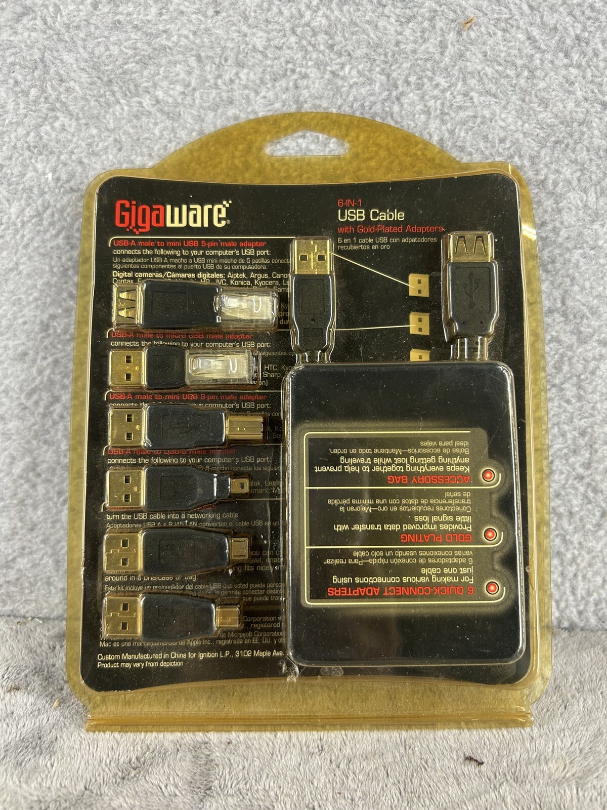 NEW GIGAWARE 6-IN-1 USB CABLE WITH GOLD PLATED ADAPTERS-PC-MAC