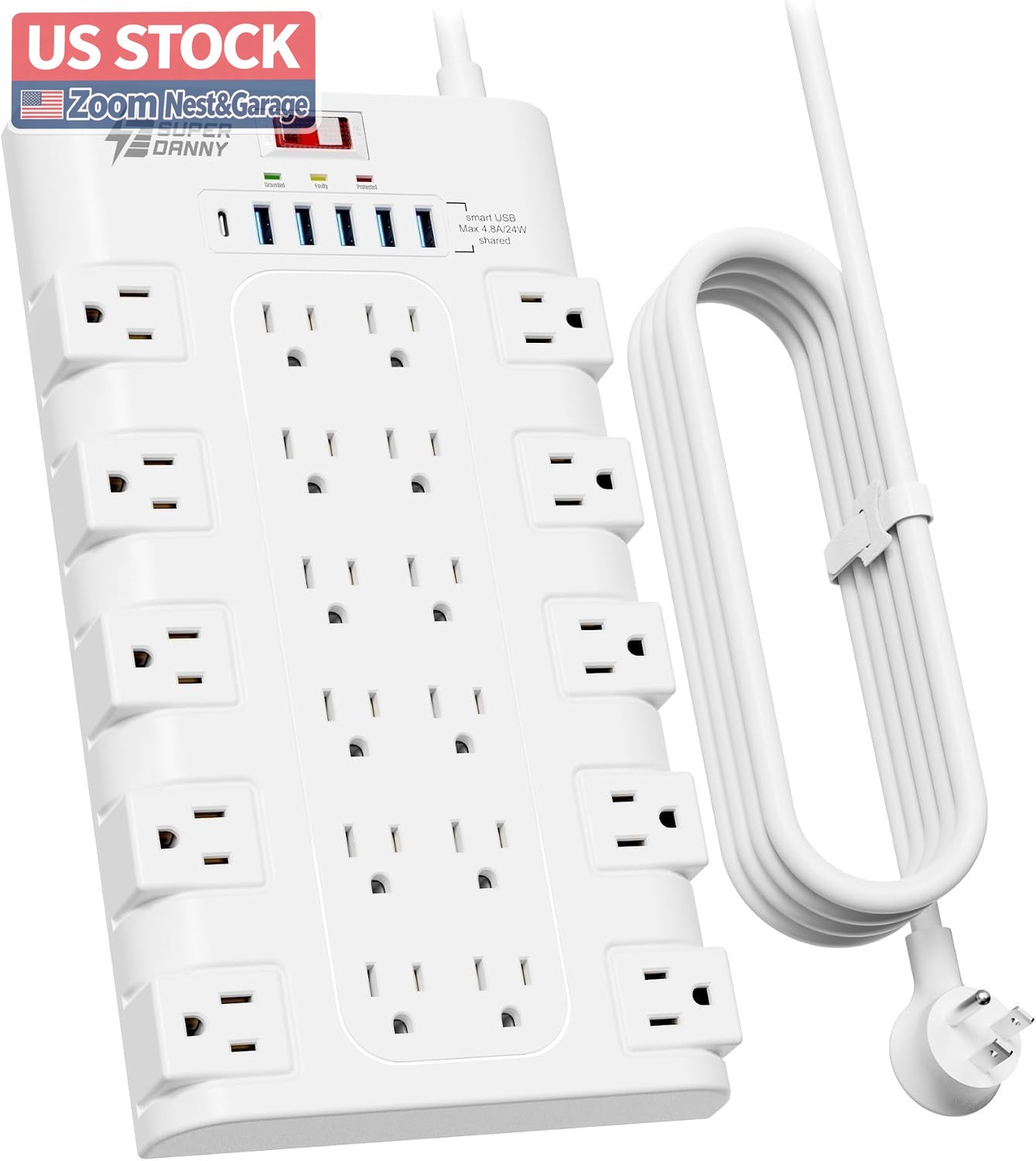 US Stock SUPERDANNY Power Strip Surge Protector 22 AC 6 USB 10Ft