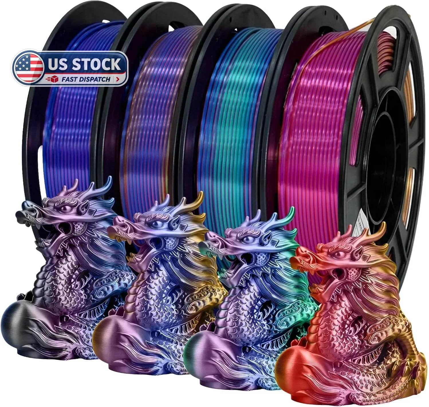 Silk PLA+ 3D Printer Filament Bundle, Shiny Tricolor PLA+ Filament 1.75mm Pack,