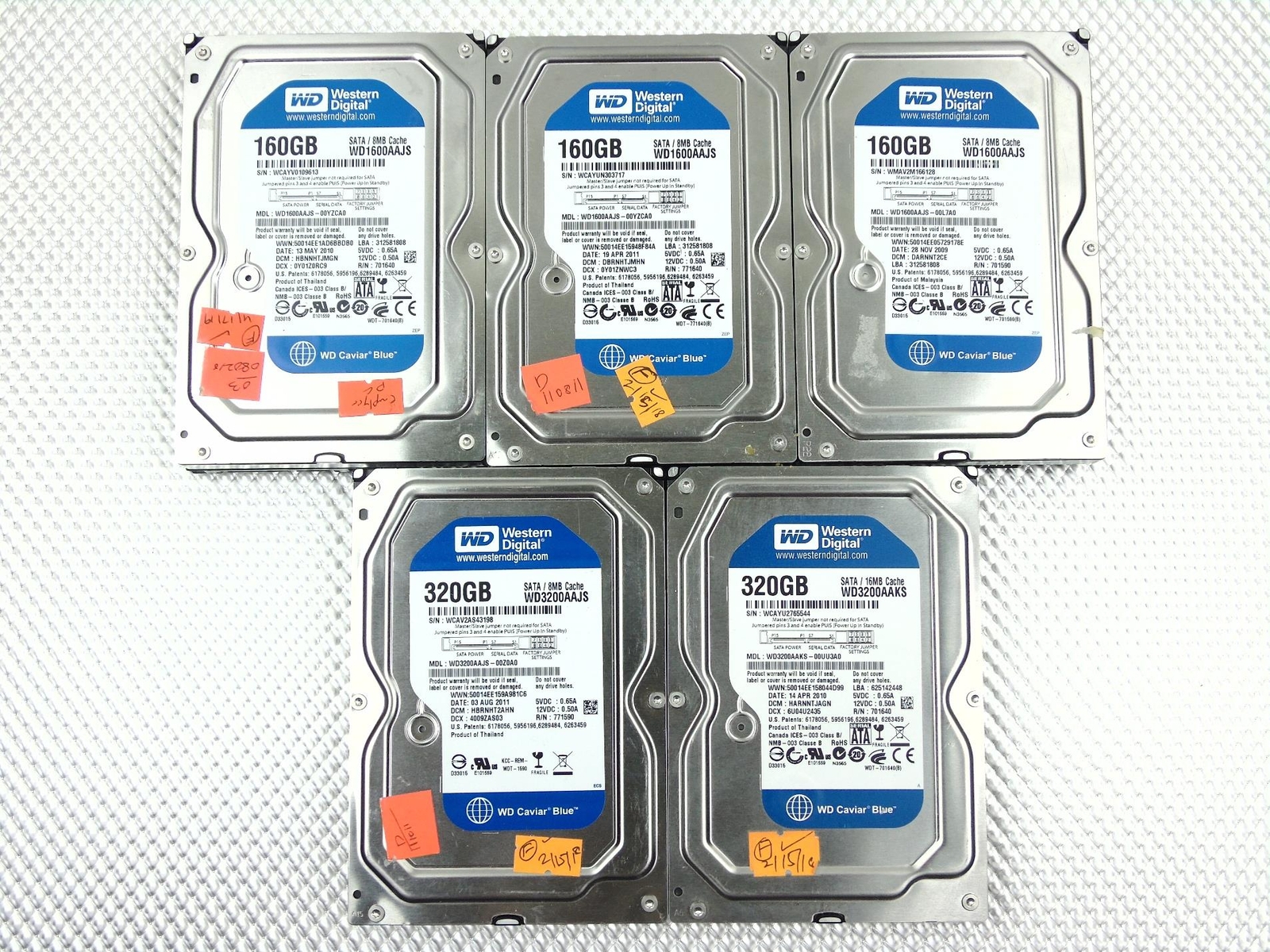 Lot of  5 - 160GB 320GB SATA Hard Drive 3.5" WDC Western Digital - (See List)