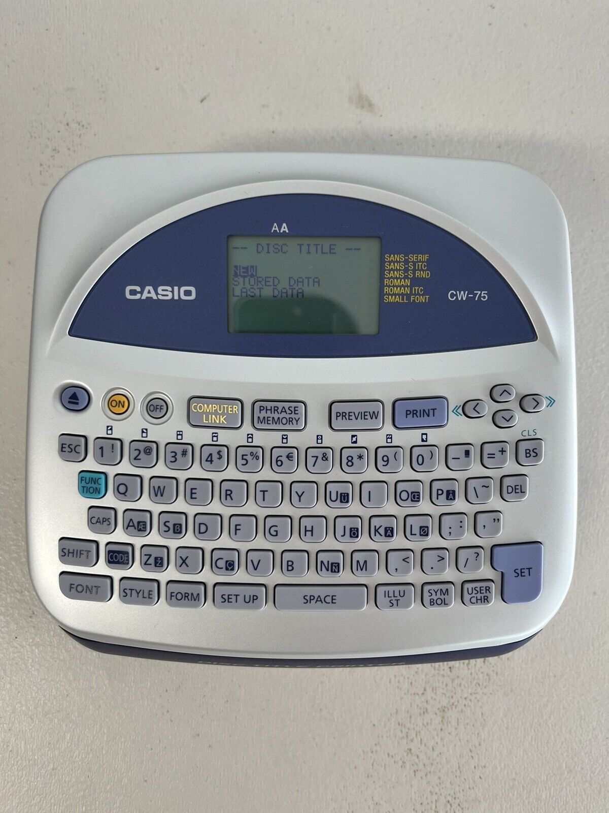 Casio CW-75 Disc Title Printer Qwerty Keyboard Tested No Batteries Or Chord