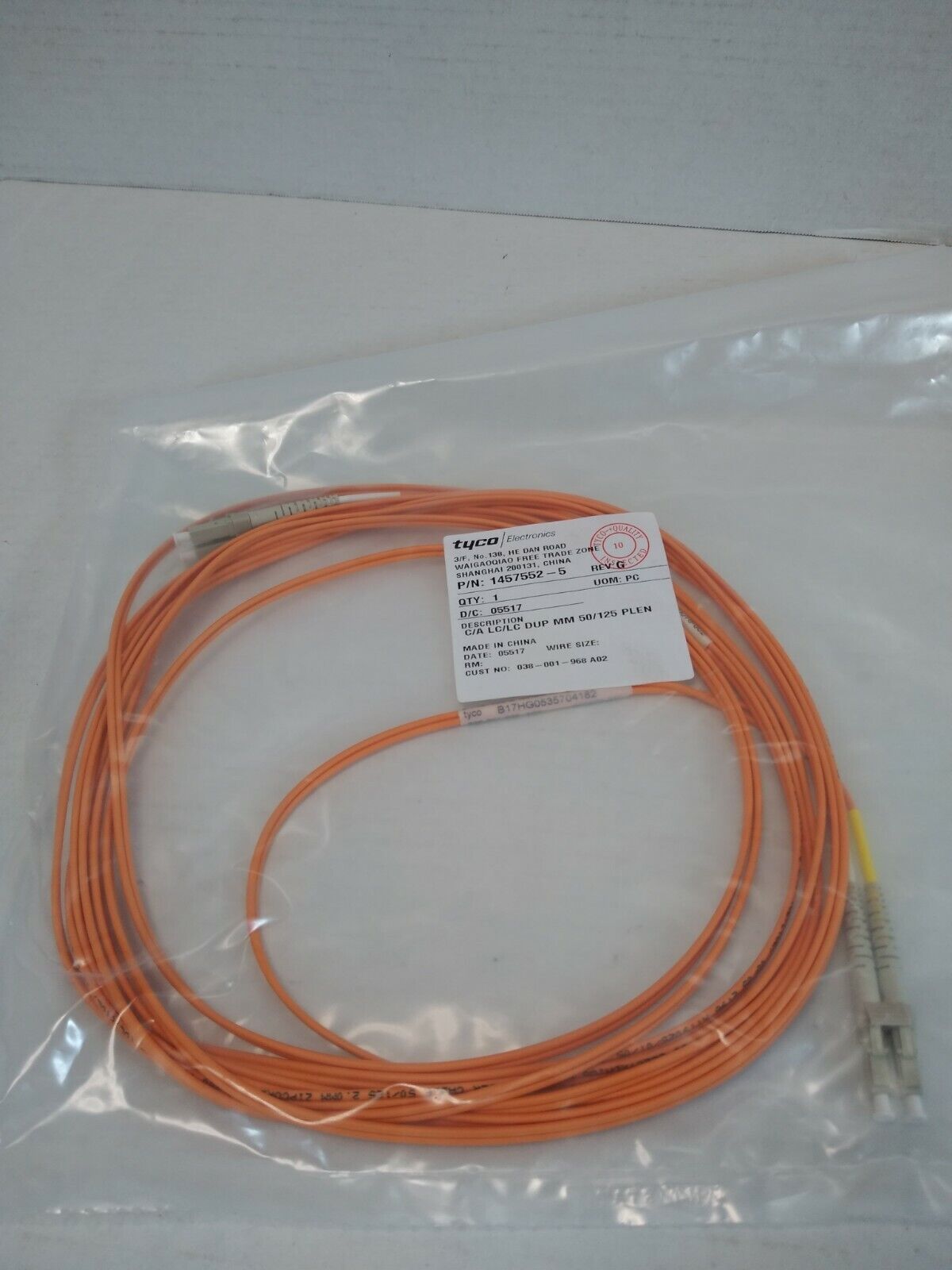 (NEW) Tyco Fibre LC Fiber Patch Cable 1457552-5 C/A 50/125 LC-LC DUP PLEN