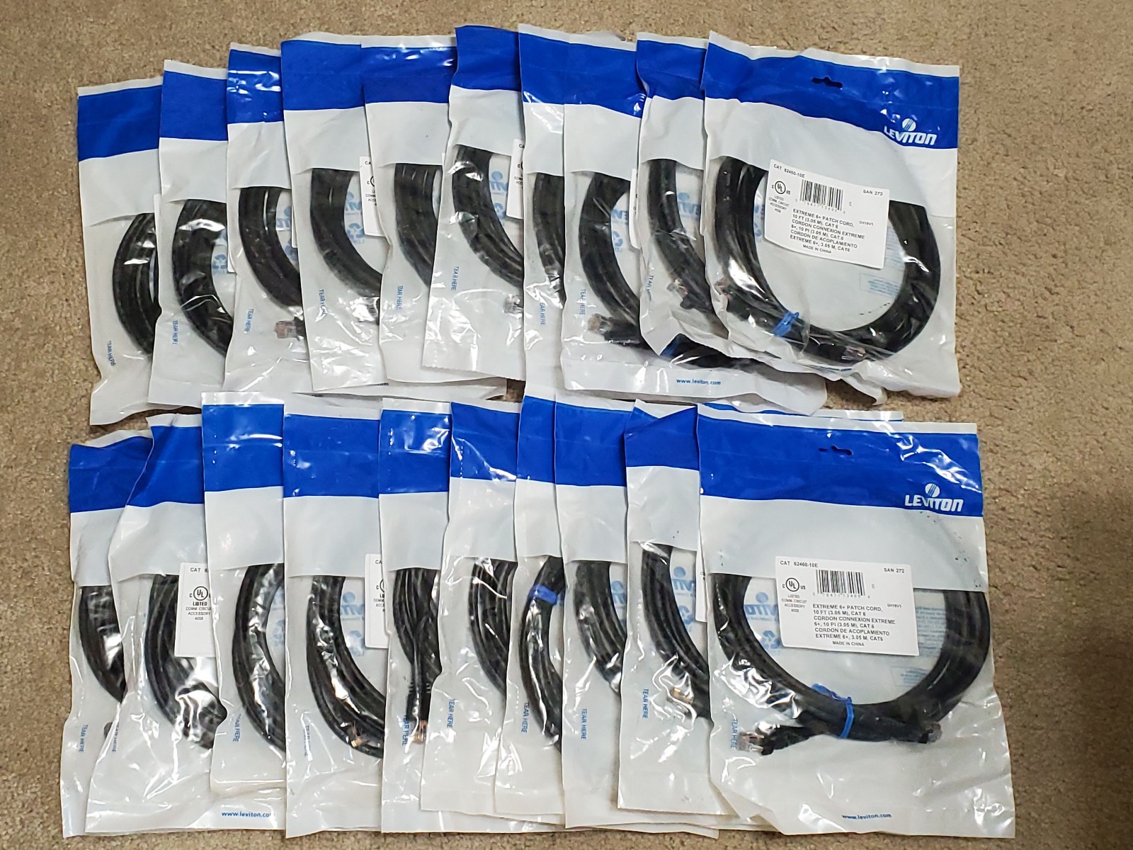 20 pcs Leviton 62460-10E Black 10ft Cat6+ Extreme Ethernet Cable Data Patch Cord