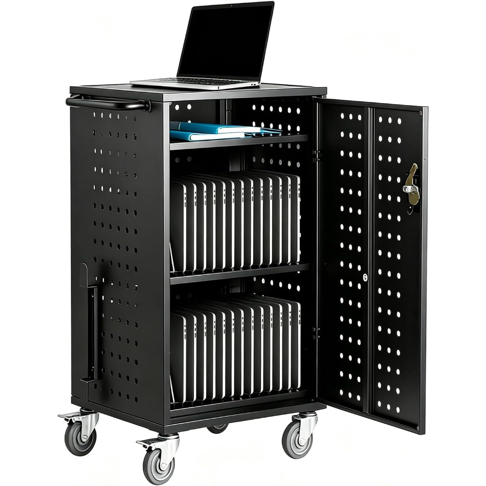 32-Bay Lockable Chromebook Charging Cart Rolling Storage Office Ventilated Steel