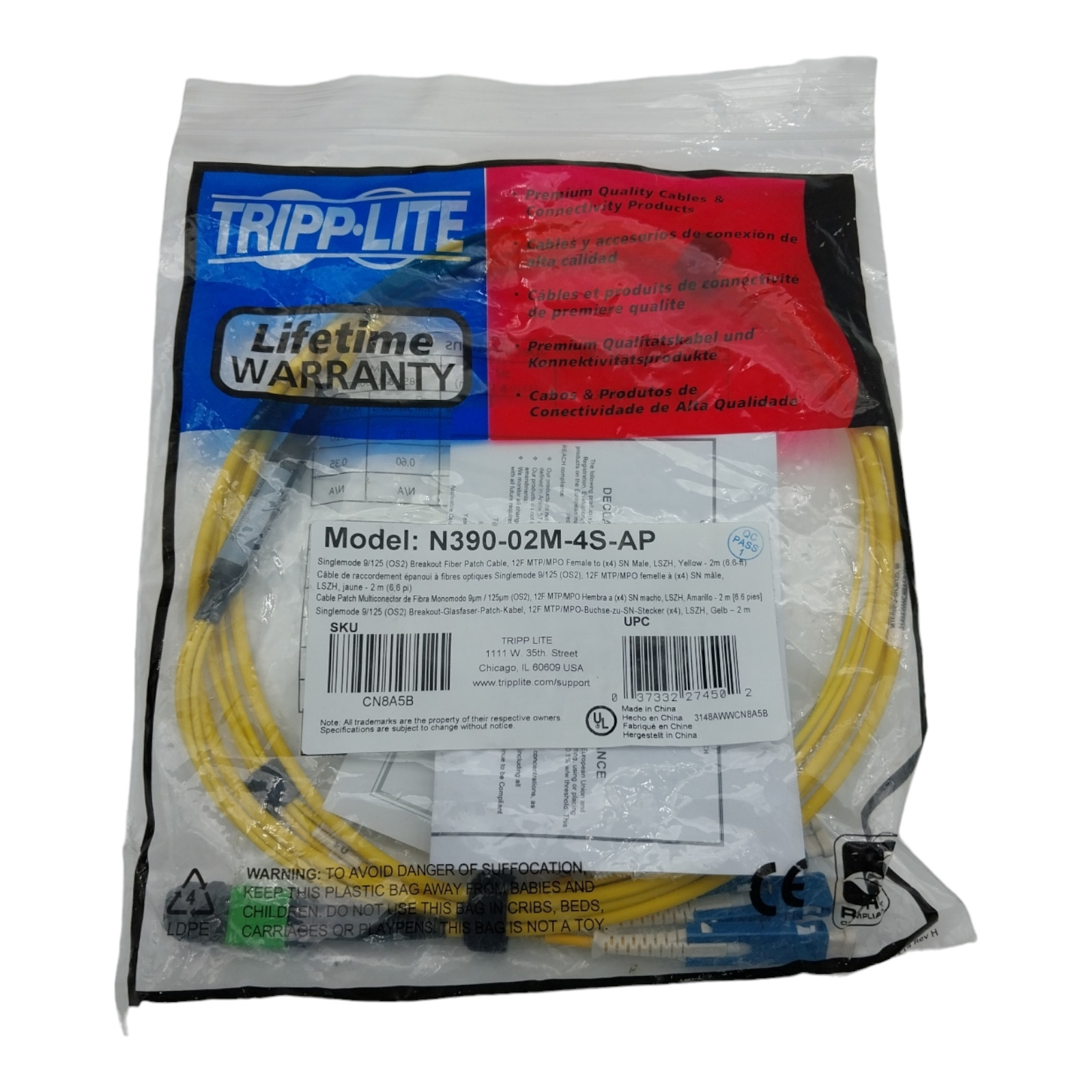Tripp Lite 400G Singlemode 9/125 OS2 Breakout Fiber Cable, MTP/MPO-APC to 4X Dup