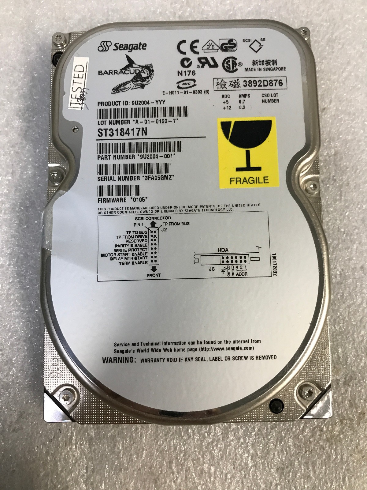 Seagate ST318417N HDD P/N: 9U2004-001 18GB SCSI 3.5'' 50PinHard Drive Tested