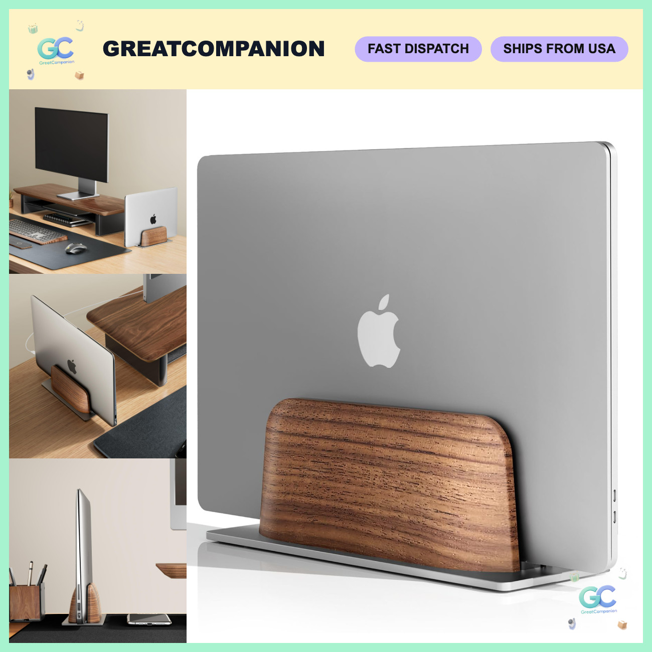 Vertical Laptop Stand - Minimalist Wood Holder for MacBook & Laptops, Walnut Fin
