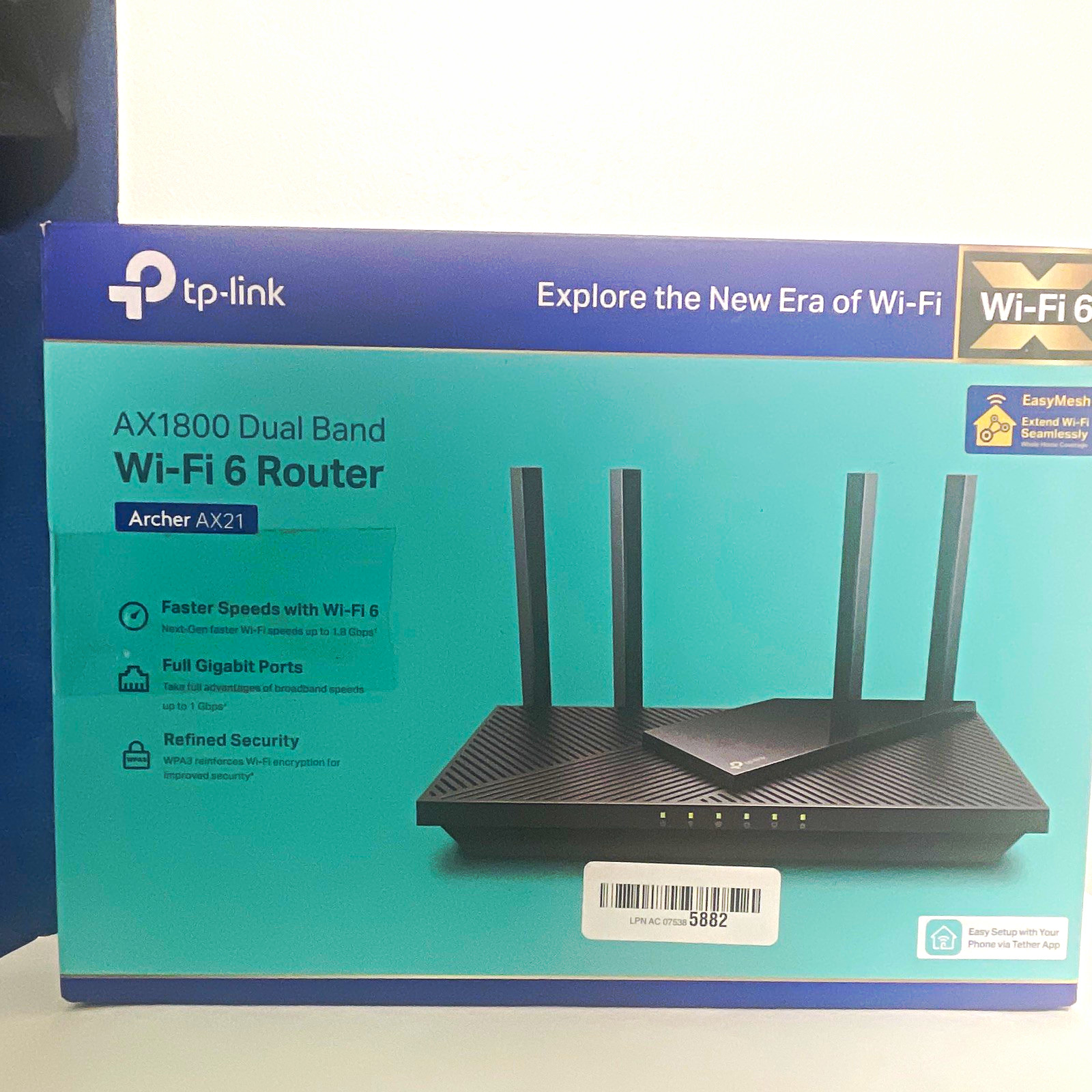 TP-LINK Archer AX21 AX1800 Wi-Fi 6 Dual-Band Router Black WPA3 4-Port + cable