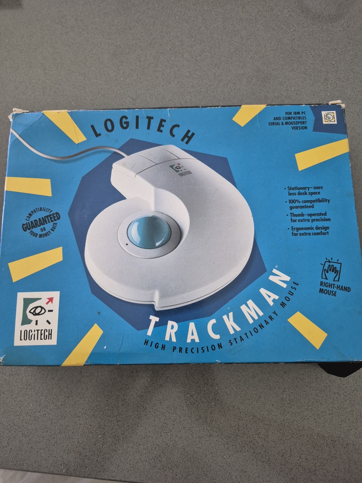 Vintage 1989 Logitech Trackman Stationary Mouse Open Box Complete CIB Retro PC