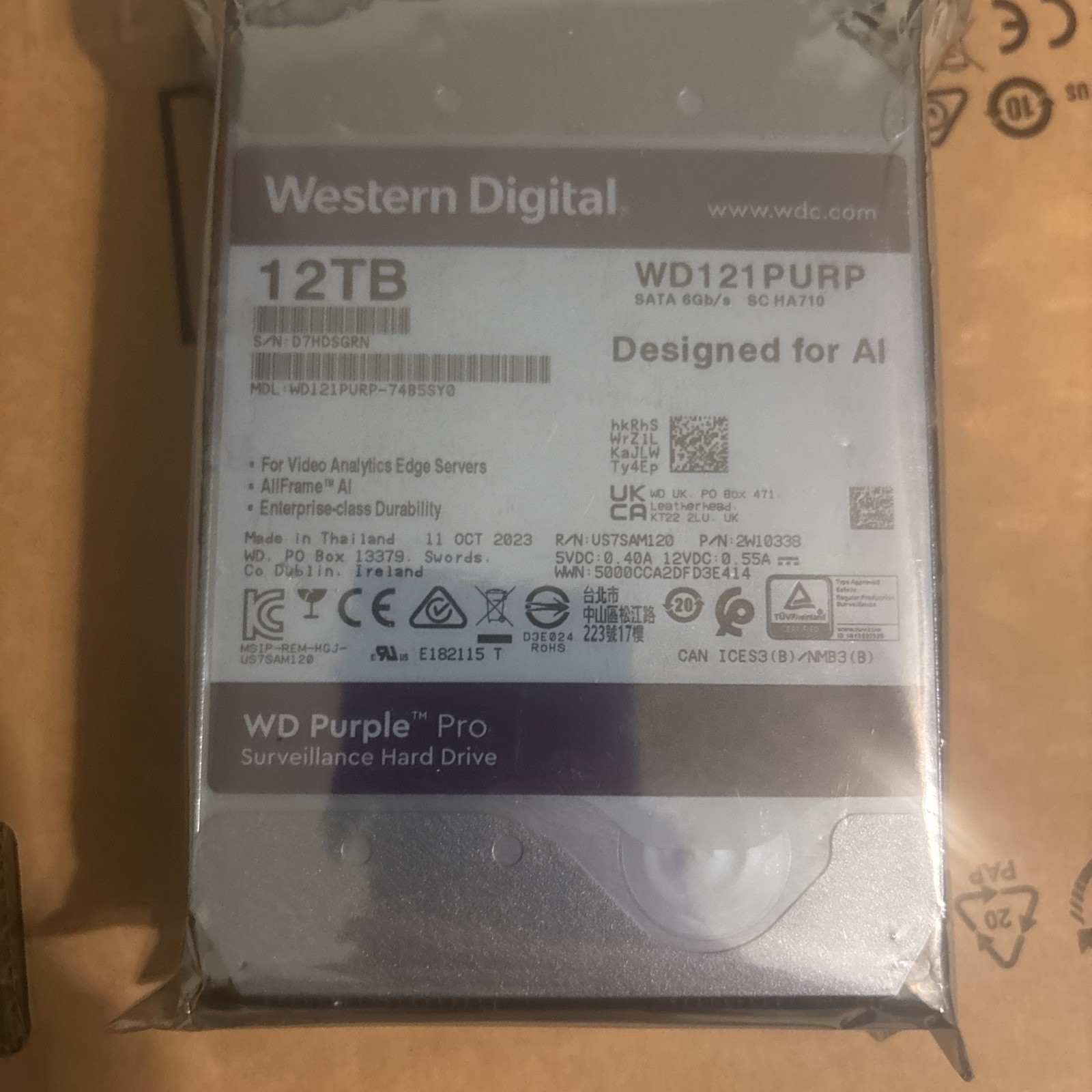 WD121PURP Western Digital Purple Pro Air 12TB 3.5" 6GB/s SATA 7200RPM 256MB HDD