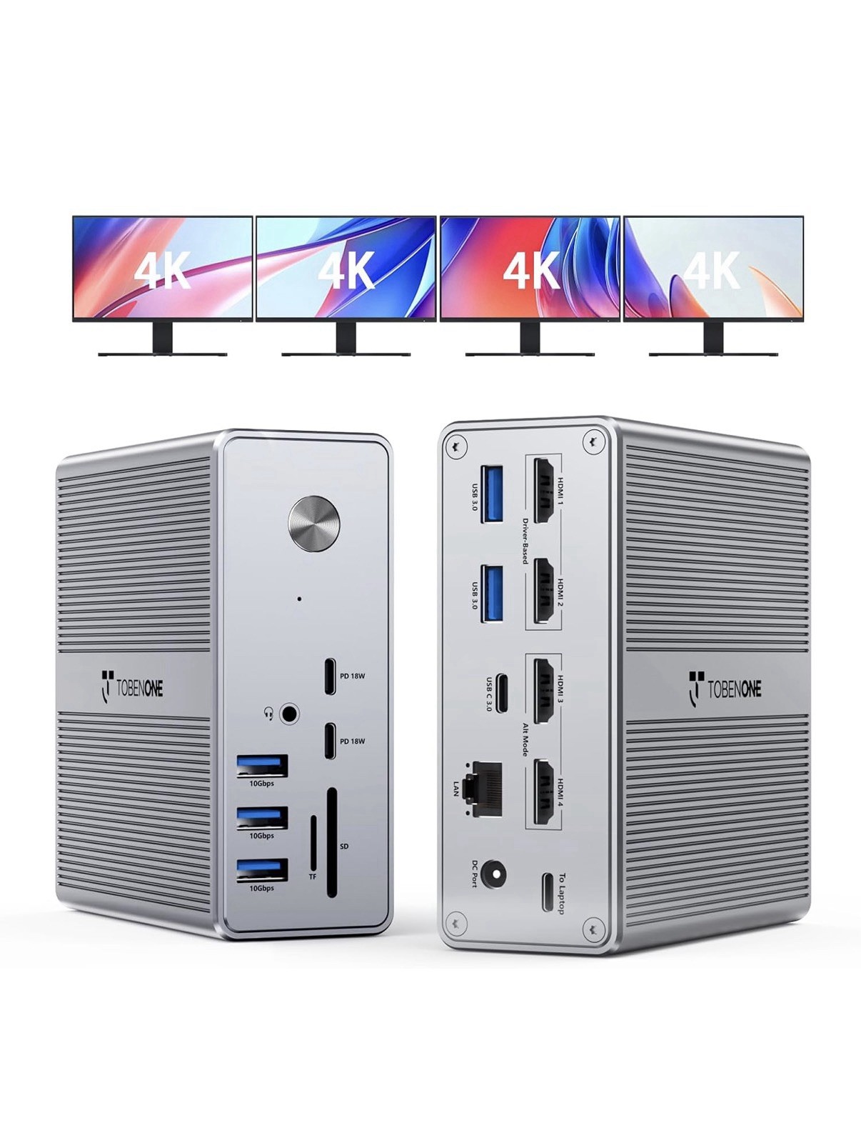 TobenONE 18-in-1 DisplayLink Docking Station 4 Monitor with 4 HDMI