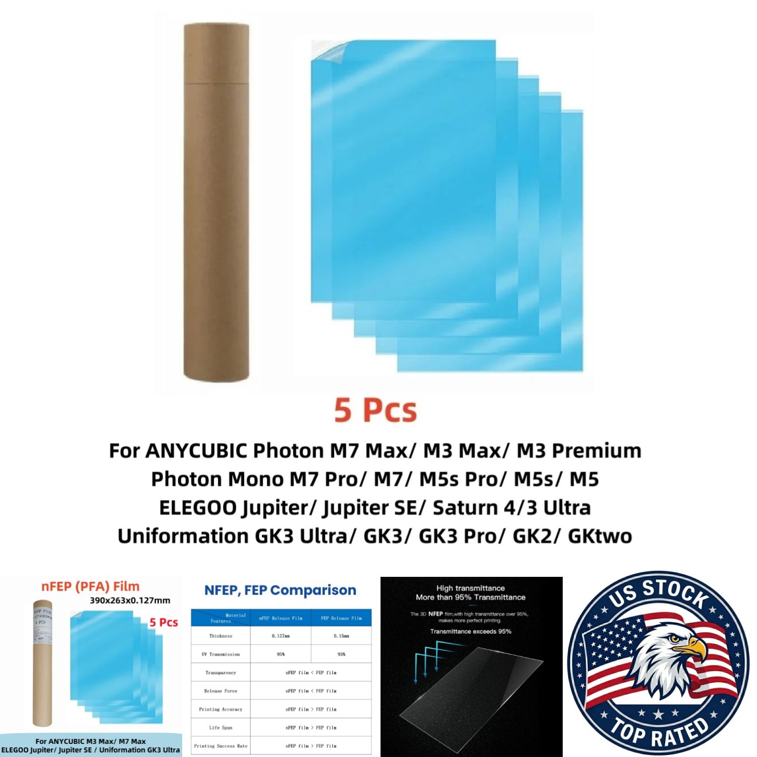 13 Inch 390x263x0.127mm 3D Printer NFEP Film for HALOT - 390x260x0.127mm / 5pcs