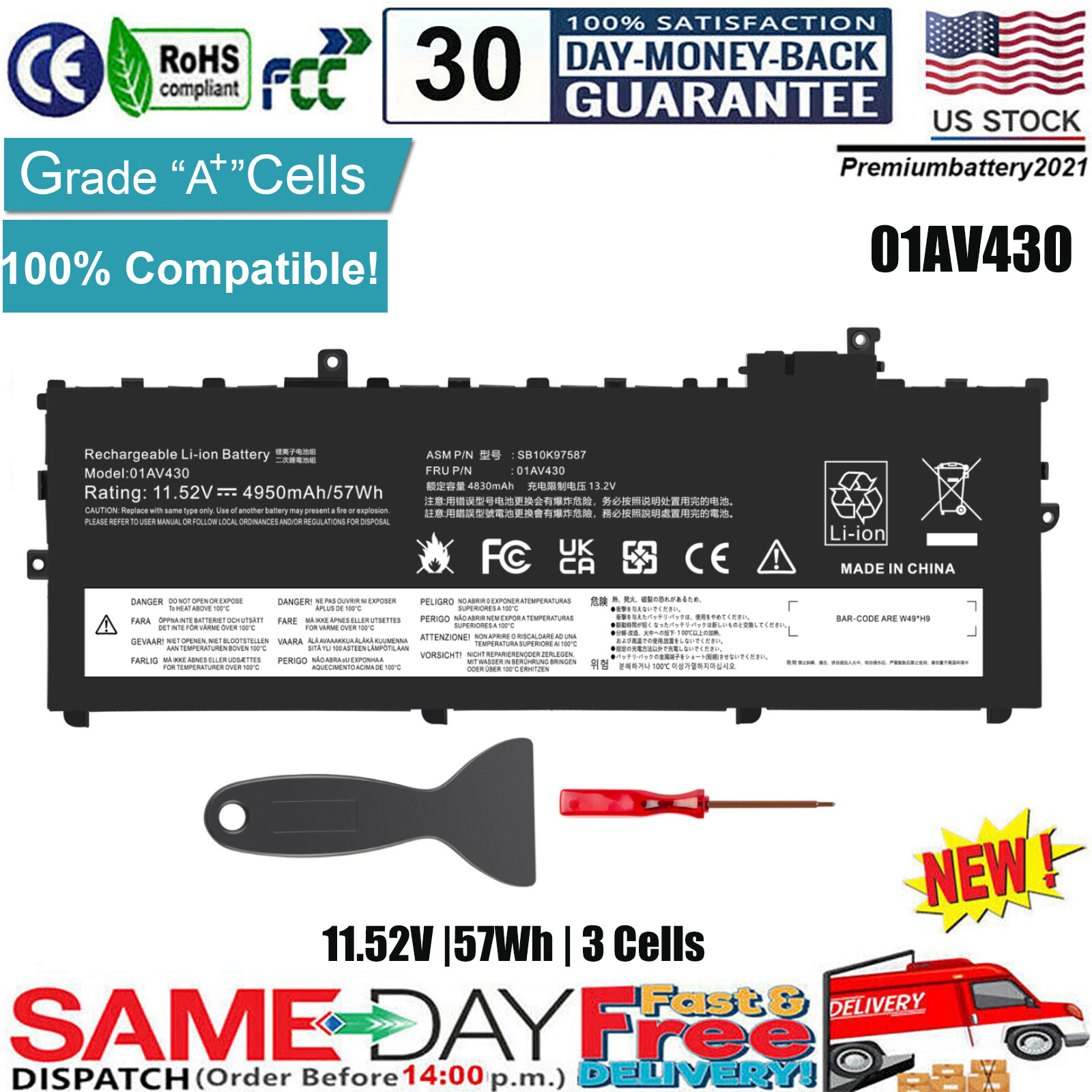 ✅LOT Battery 01AV430 01AV494 for Lenovo ThinkPad X1 Carbon 5th Gen 6th Gen 57Wh
