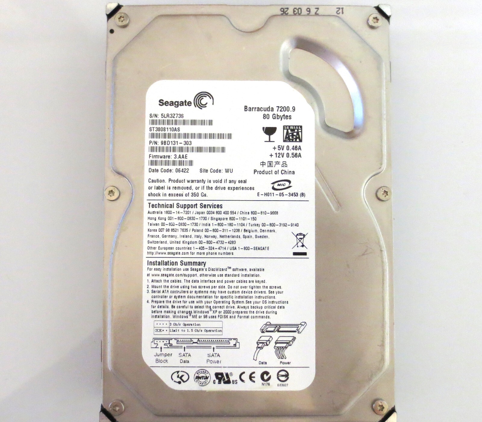 Seagate ST3808110AS 9BD131-303 3.AAE WU (5LR) China 80gb 3.5" Sata HDD 2006