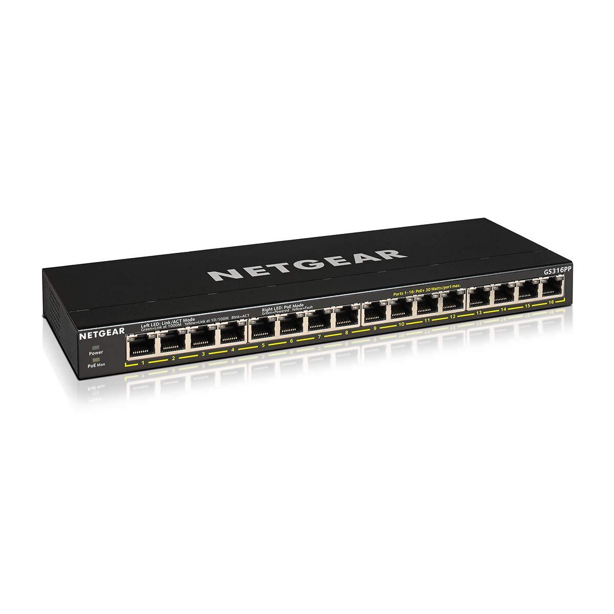 NETGEAR GS316PP 16 Port Gigabit Ethernet Unmanaged PoE Switch 183W Power Budget