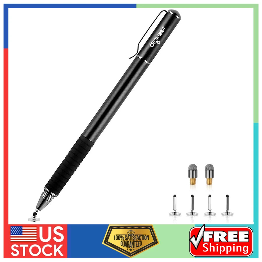 Digiroot 2-in-1 Universal Disc Stylus Pen with 6 Replacement Tips Black