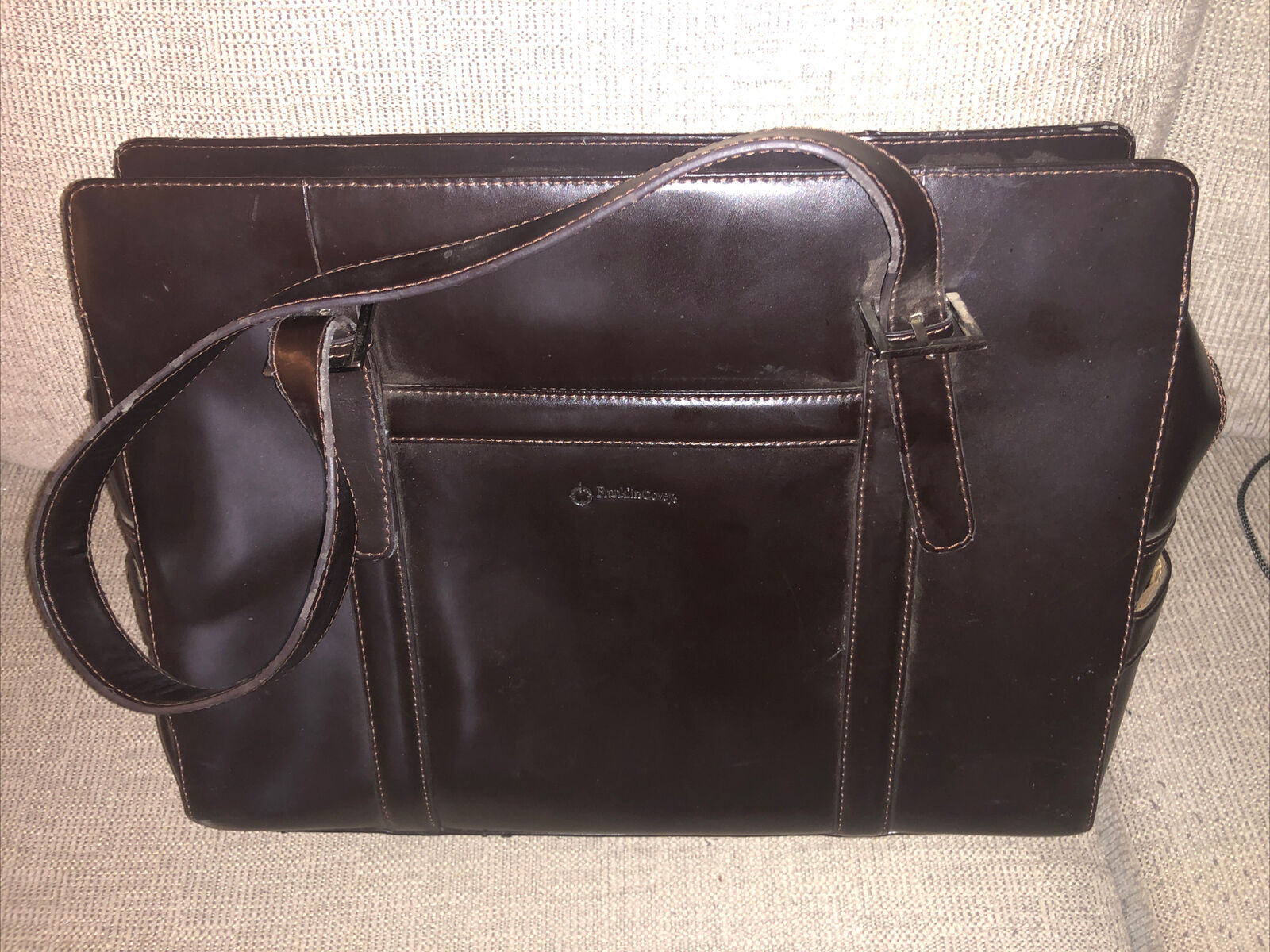 Franklin Covey Black Leather Work Laptop Bag Briefcase Shoulder Tote Organizer
