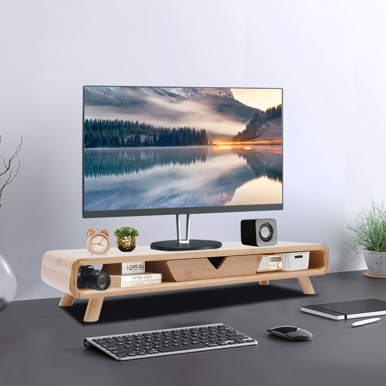 24 Bamboo Monitor Stand & Back Baffle Drawer Desktop Stand Riser 4.5 Height