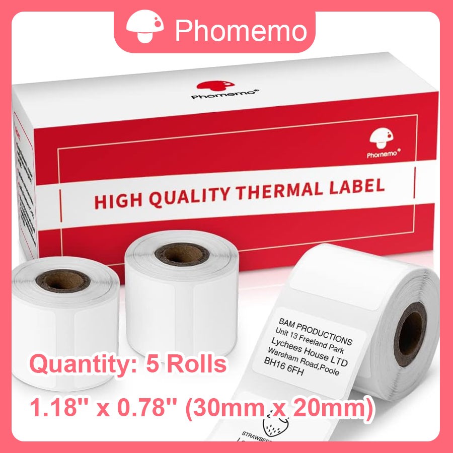 Phomemo 30×20mm White 5Rolls Self-Adhesive Thermal Label for M110/M220 Printer