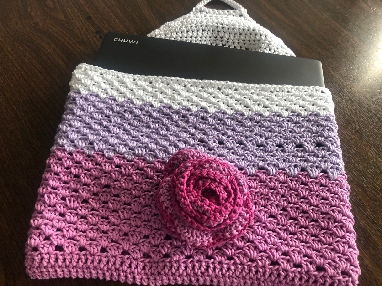Handmade Crochet Laptop Sleeve Bag Cover Multicolor Lined Button Closure 14”x11”