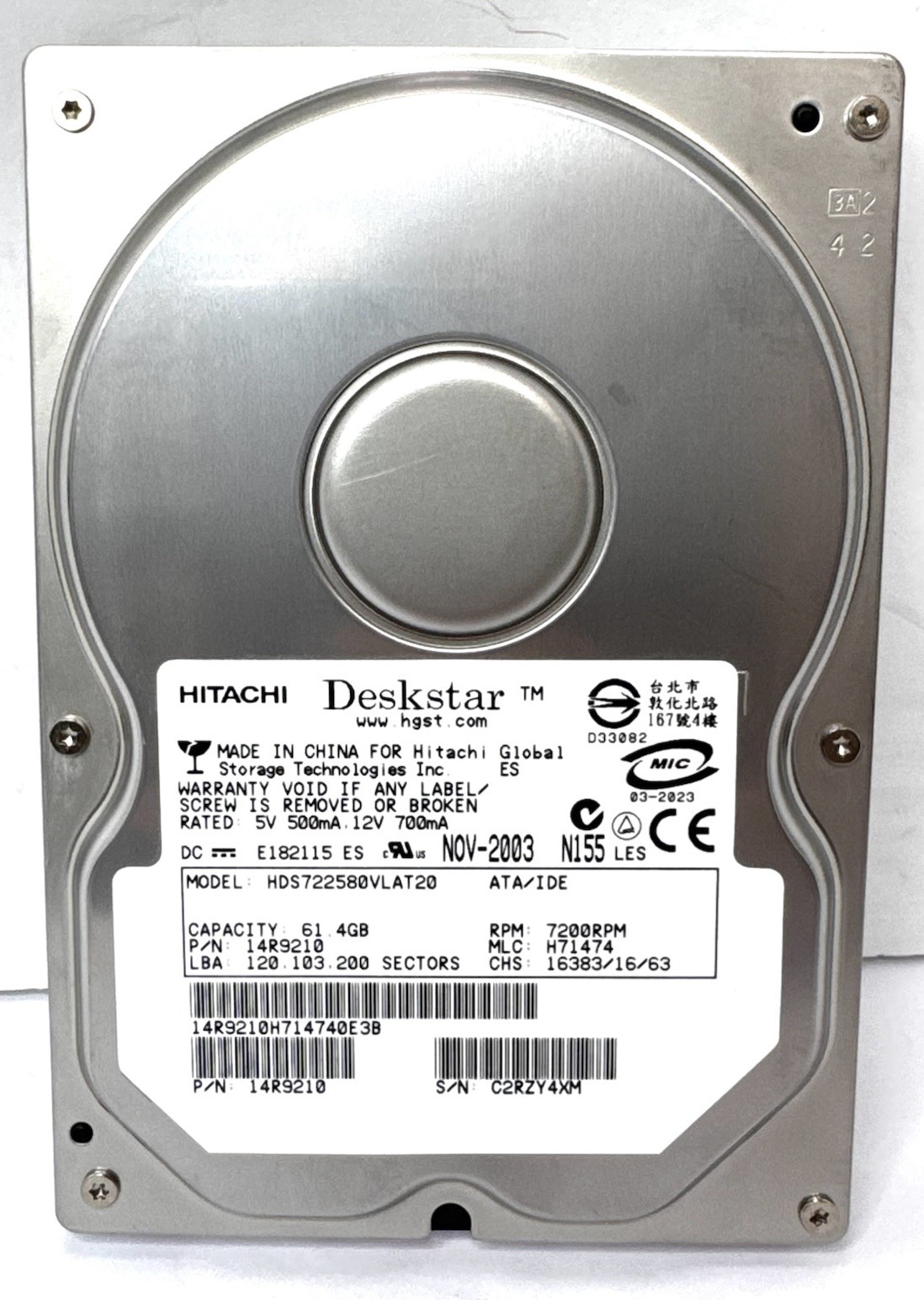 Hitachi Deskstar HDS722580VLAT20 61.4GB IDE 7200RPM 3.5” HDD P/N 14R9210