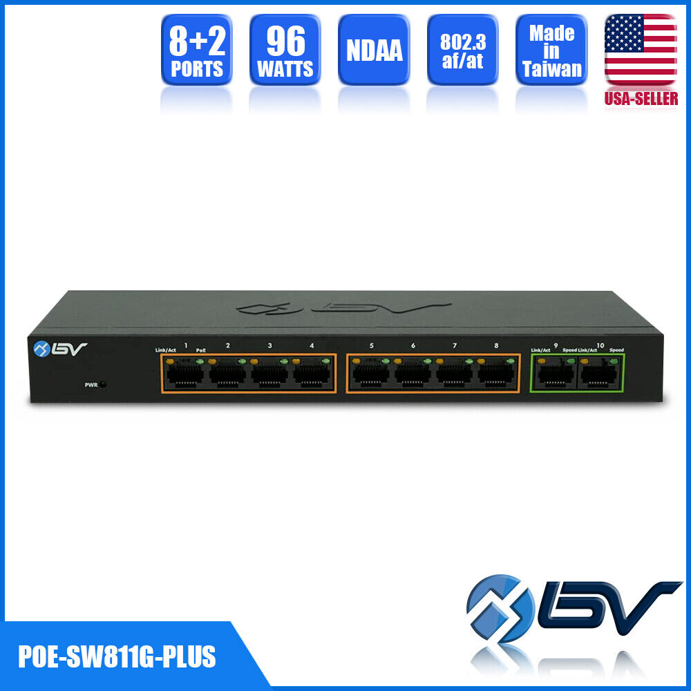 10 Port PoE Switch Gigabit 8 PoE+ 2 Gigabit Uplink 96W 802.3af/at NDAA Compliant