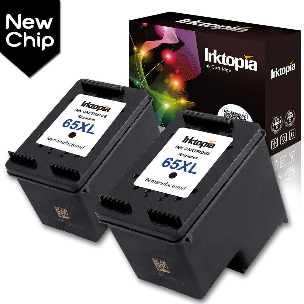 2 PK New Chip Black 65XL Ink Cartridge For HP ENVY 5055, 5058,5010, DeskJet 2630