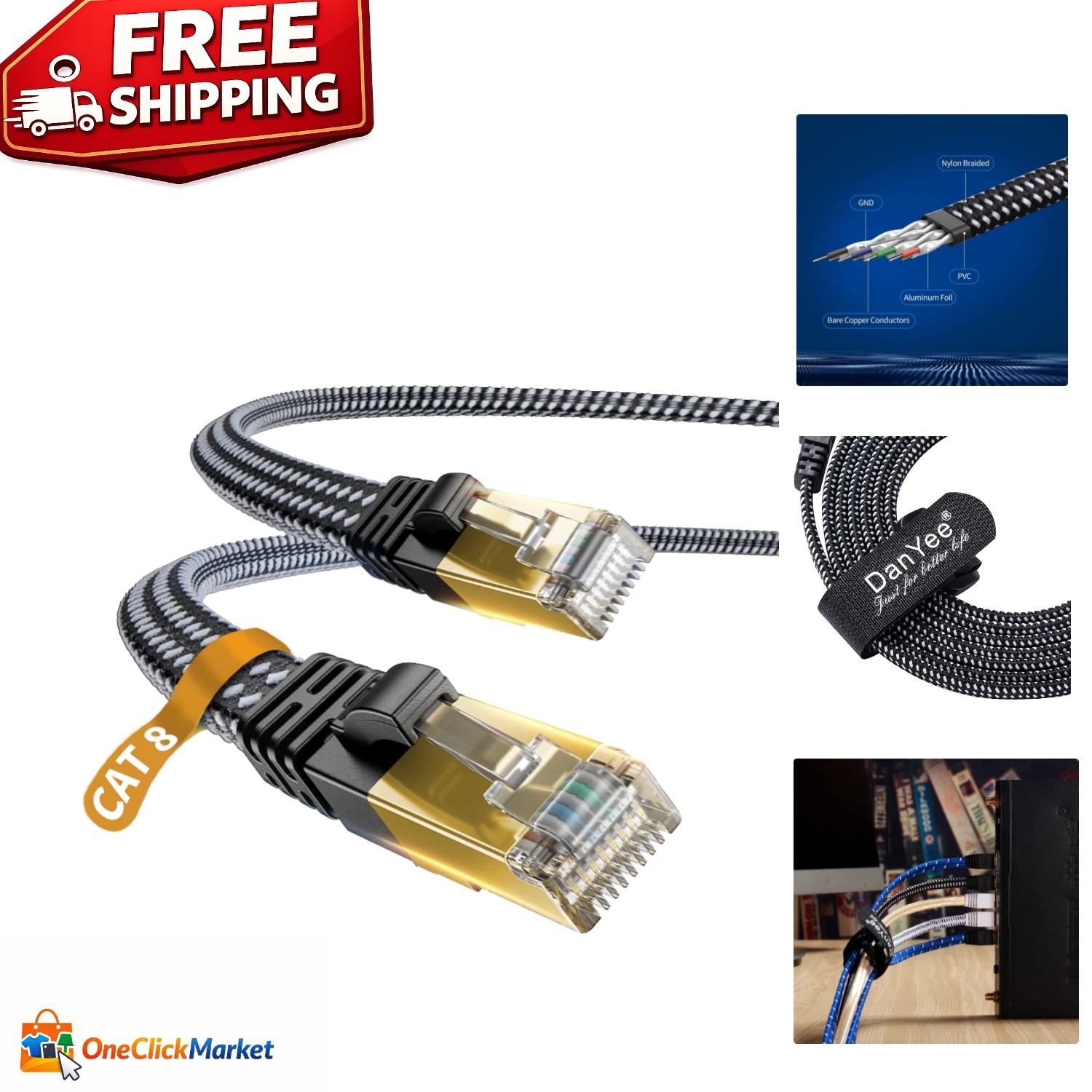 Professional Cat 8 Ethernet Cable 6.5ft - Gold Plated RJ45 for Fast Connectivity