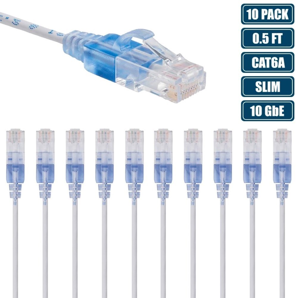 10x 0.5FT CAT6A RJ45 Slim Ethernet LAN Network Cable Copper Wire 30AWG White